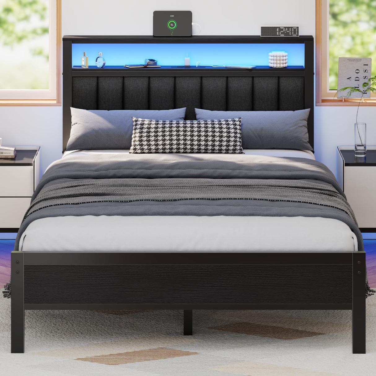Furnulem Full Size Bed Frame with Charging Station and LED Lights, Platform Bed with Metal Slats, Grey Upholstered Headboard with 2-Tier Storage Shelves, No Box Spring Needed Furnulem