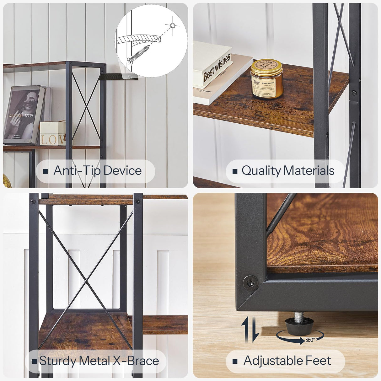 HOOBRO Corner Bookshelf, 5-Tier Industrial Corner Bookcase, Open Display Storage Rack, Vertical or L-Shaped, for Office, Living Room, Bedroom, Rustic Brown and Black BF66SJ01 HOOBRO