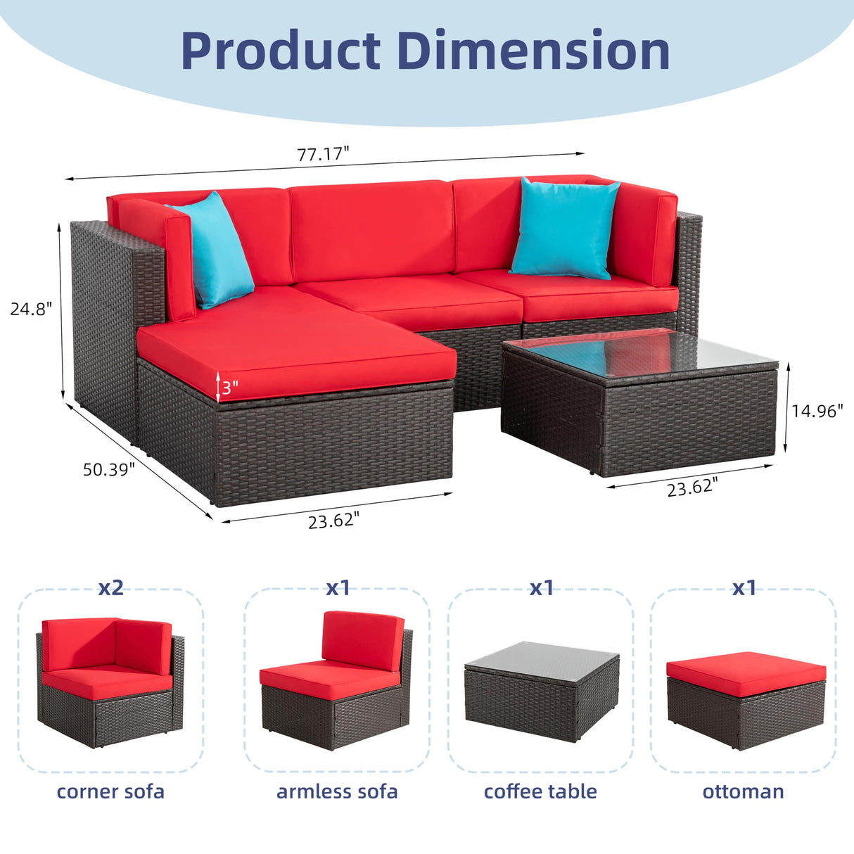 Vongrasig 5 Pieces Small Patio Furniture Sets, All-Weather Outdoor Sectional Patio Sofa Wicker Rattan Patio Seating Sofas with Cushion and Glass Table (Red) Vongrasig