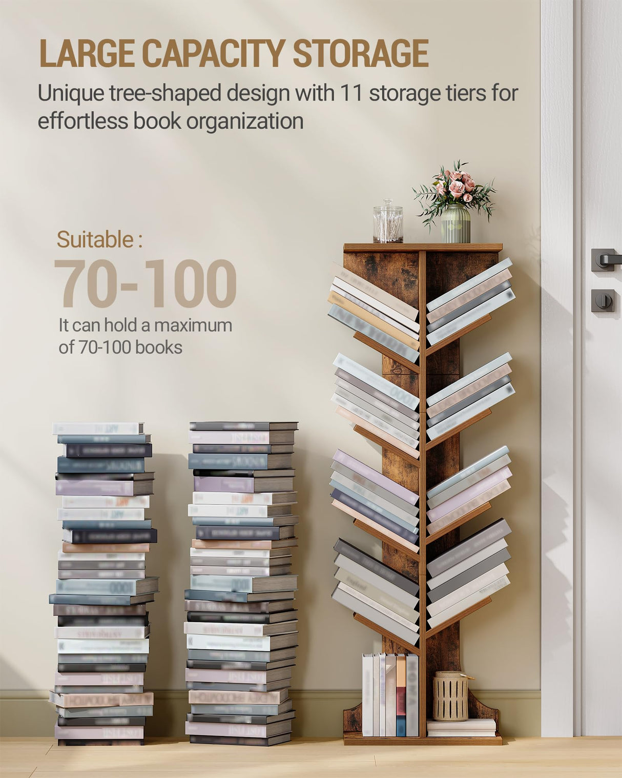 Hzuaneri Tree Bookshelf, 11 Tier Narrow Bookcase, Display Shelf, Book Organizer, Small Floor Standing Book Shelf for Bedroom, Living Room, Home Office, Rustic Brown BC01601X Hzuaneri
