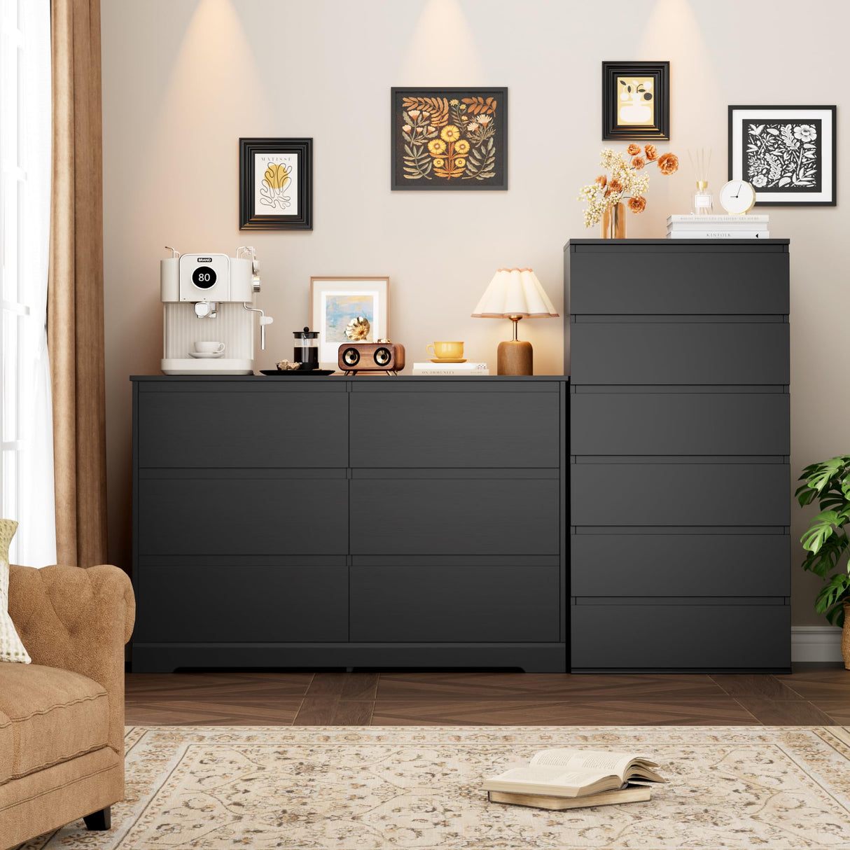 FOTOSOK 6 Drawer Double Dresser, Black Dresser, Modern 6 Chest of Drawers with Deep Drawers, Wide Storage Organizer Cabinet for Living Room Home FOTOSOK