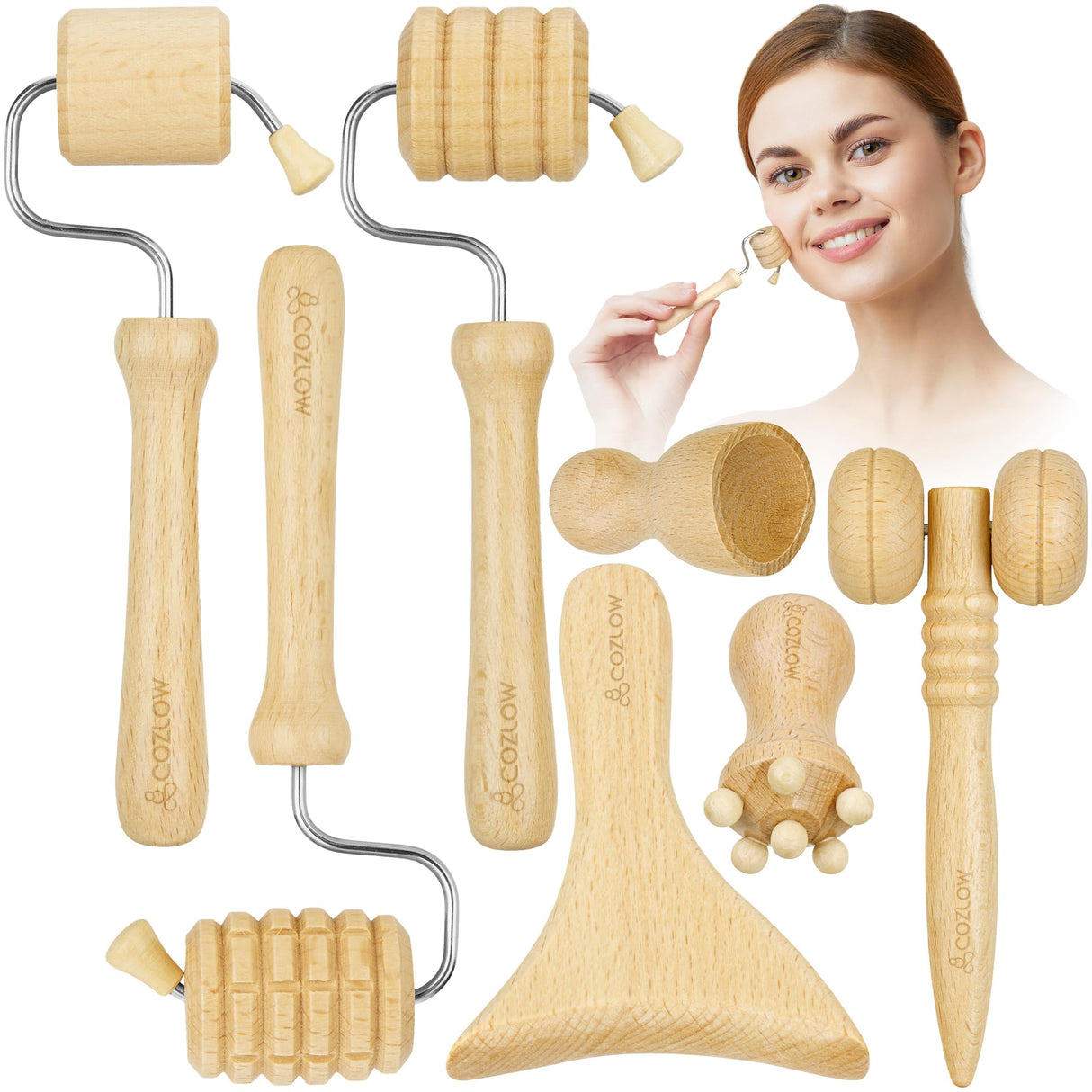 COZLOW Wood Therapy Facial Massage Tools (7 Piece Set), Gua Sha Wooden Face Massager Kit for Face Lifting, Lymphatic Drainage, Skin Care & Anti-Aging COZLOW