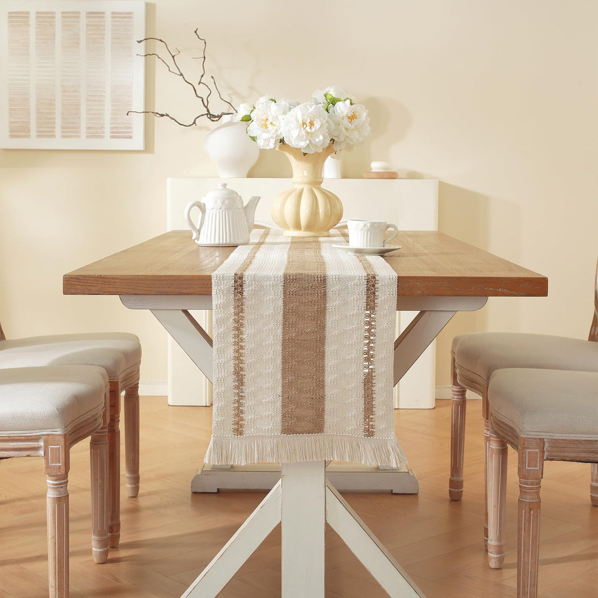 Farmhouse Decor Boho Table Runner with Macrame, Elegant Beige Brown Coffee Table Runners 72 Inches Long, Rustic Home Decor Boho Decorations for Dining Room Kitchen Baby Bridal Shower (12"×72") AILUOQI