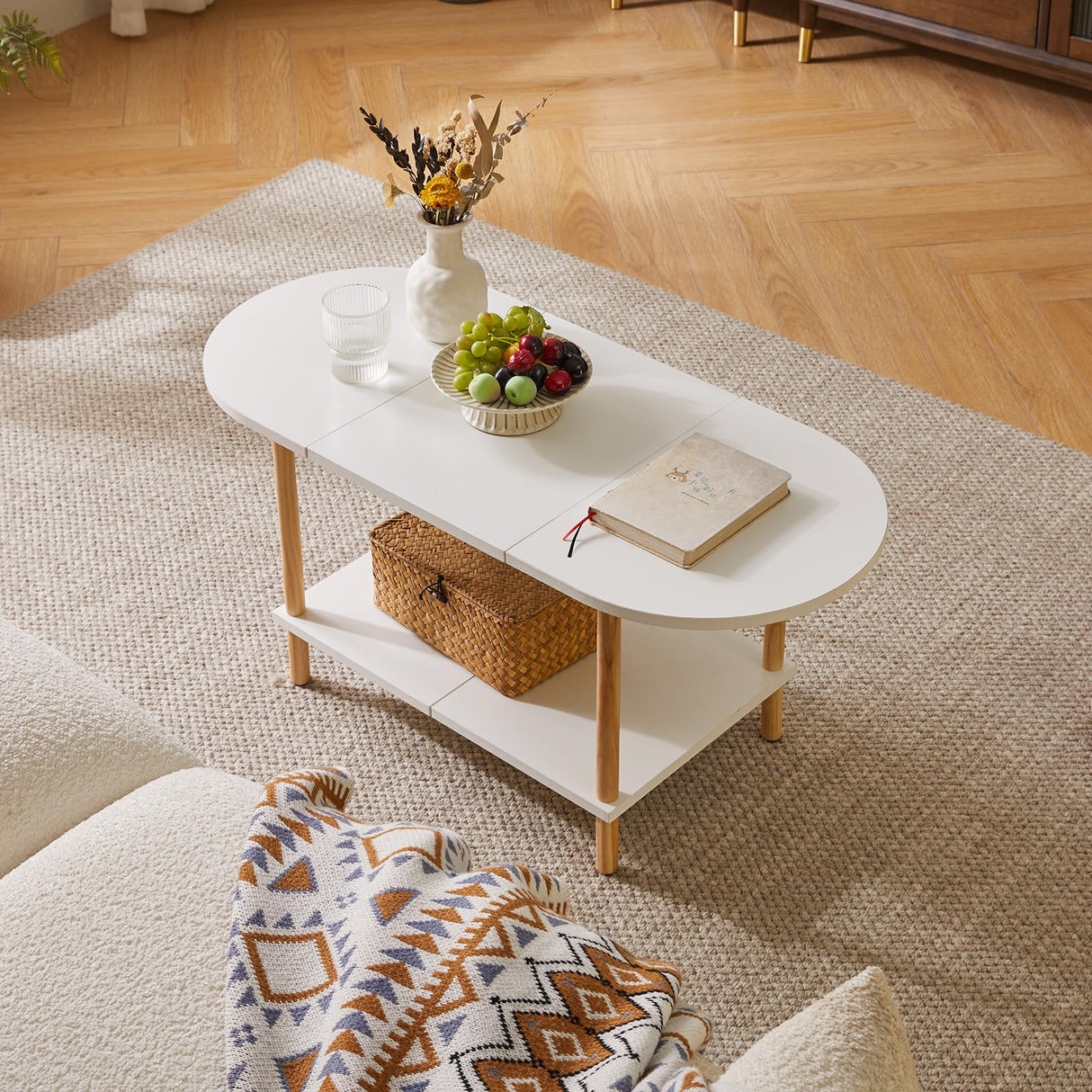 Aibiju Oval Coffee Table White, Small Wooden Coffee Table for Small Space, Splicing Design 35 * 16 * 17in, 2 Tier Center Table for Living Room White YD-011W Aibiju