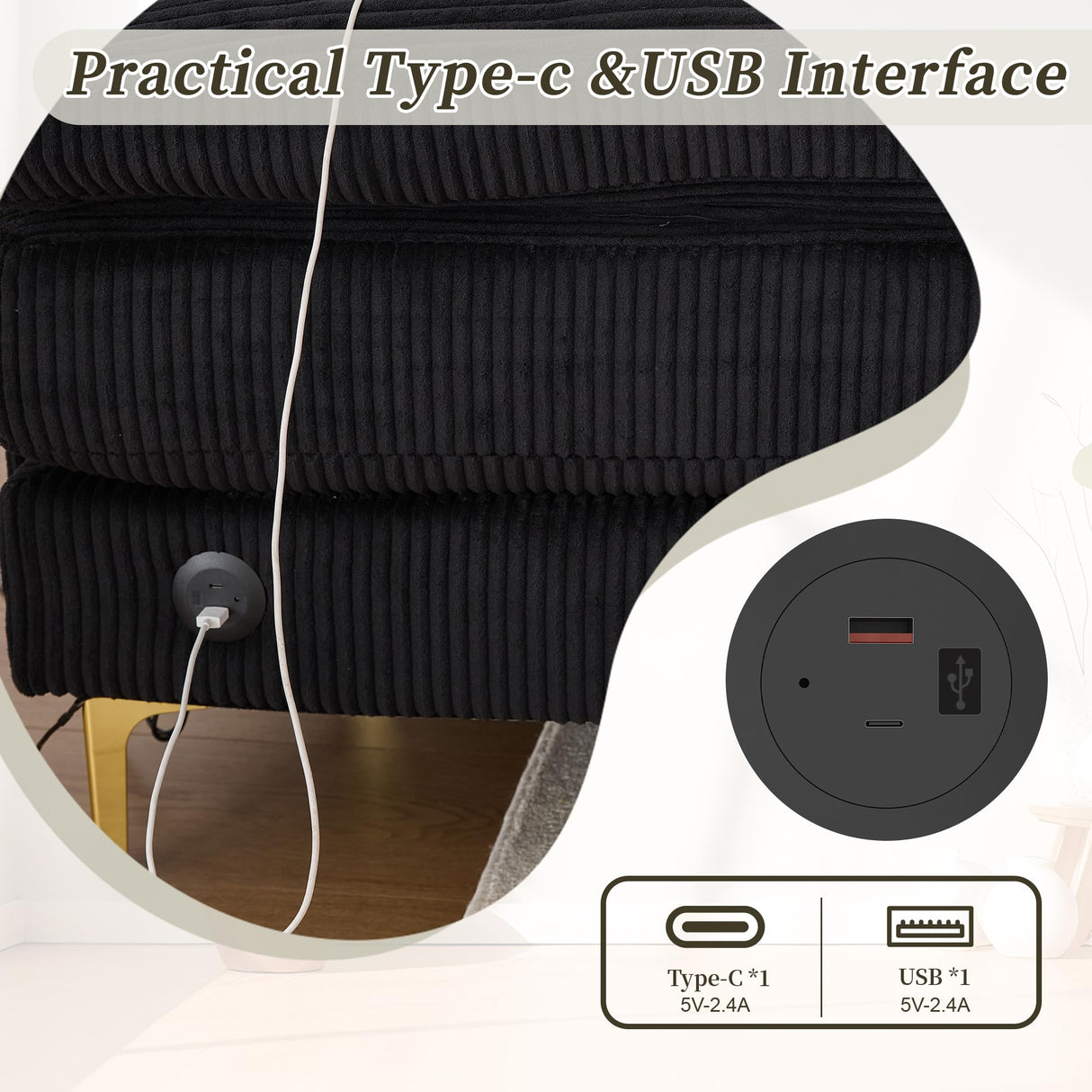 VYNELITO U Shaped Sectional Sofa Couch, 4 Seat Sofa with Double Chaise Lounge for Living Room, 104" Comfy Corduroy Couch with USB and Lights, Black Corduroy VYNELITO