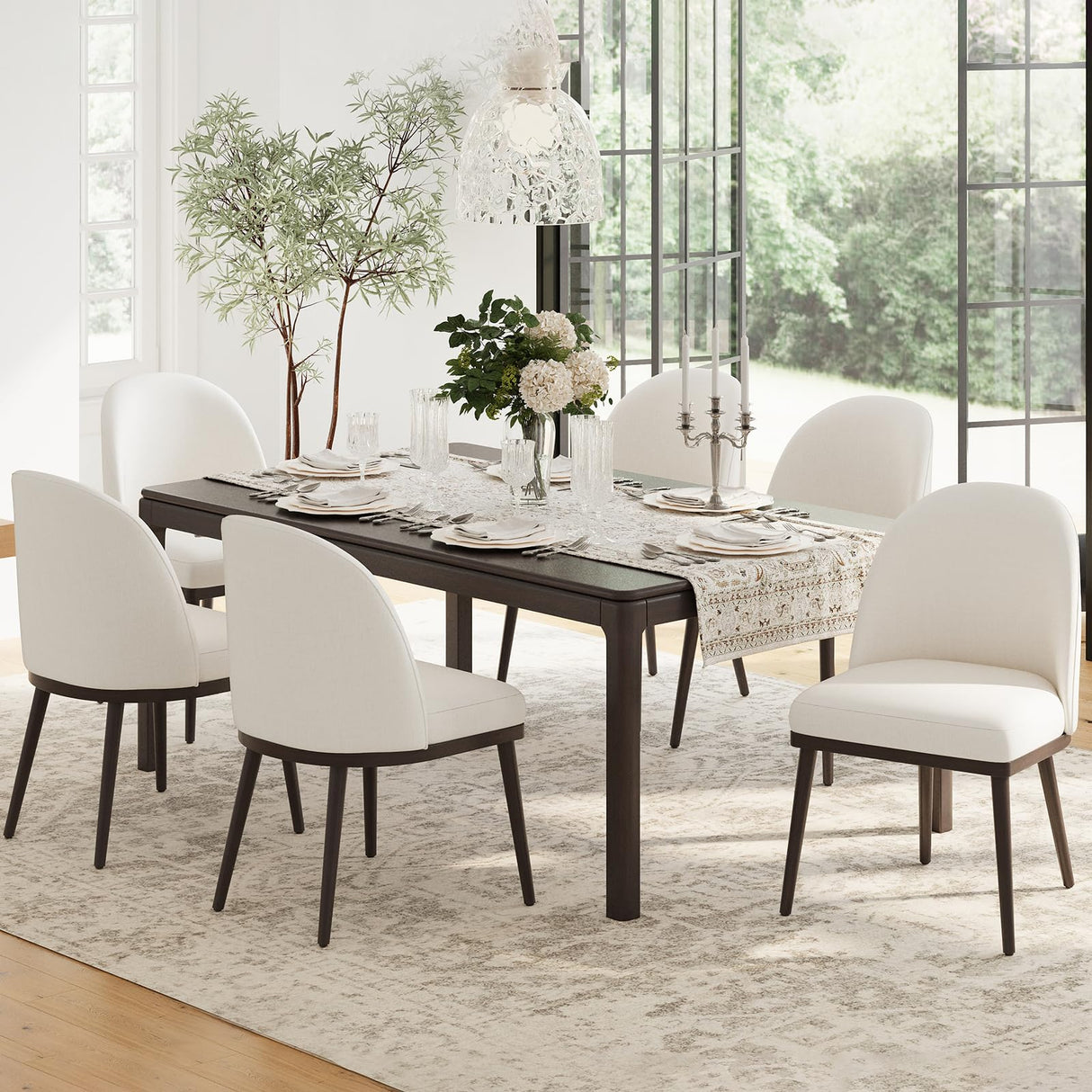 COLAMY Upholstered Dining Chairs Set of 6, Wooden Dining Room Kitchen Chairs with Wood Frame and Curved Backrest, Modern Fabric Dinner Chairs, Beige COLAMY