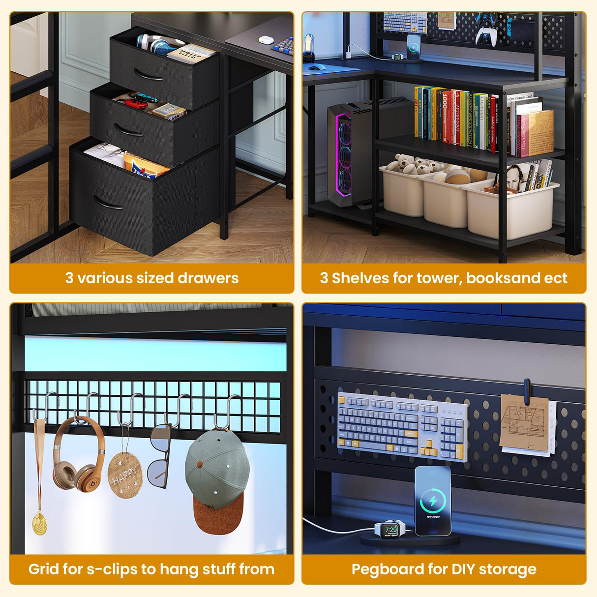 ADORNEVE Twin Size Loft Bed with L-Shaped Gaming Desk, Storage Drawers & Hutch, Expanded Safety Power Outlet, Metal Loft Bed Frame with RGB Lights, Space Saving for Teens, Black ADORNEVE