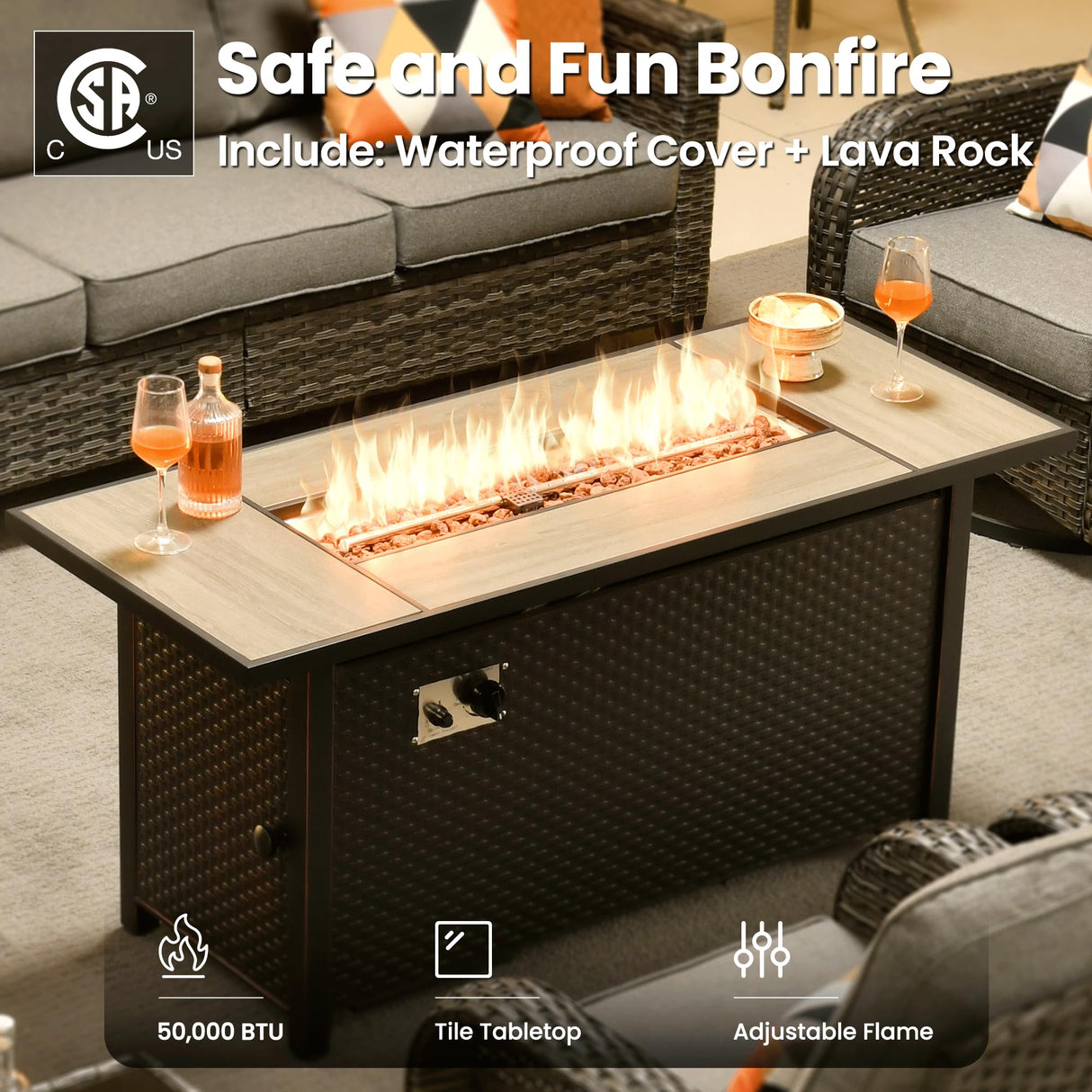 ovios 9 Pieces Patio Furniture Set, Outdoor Wicker Sofa Couch with Rocking Swivel Chairs Fire Pit Table, Modern Deep Seat Rattan Conversation Sets for Porch Deck, Dark Grey ovios