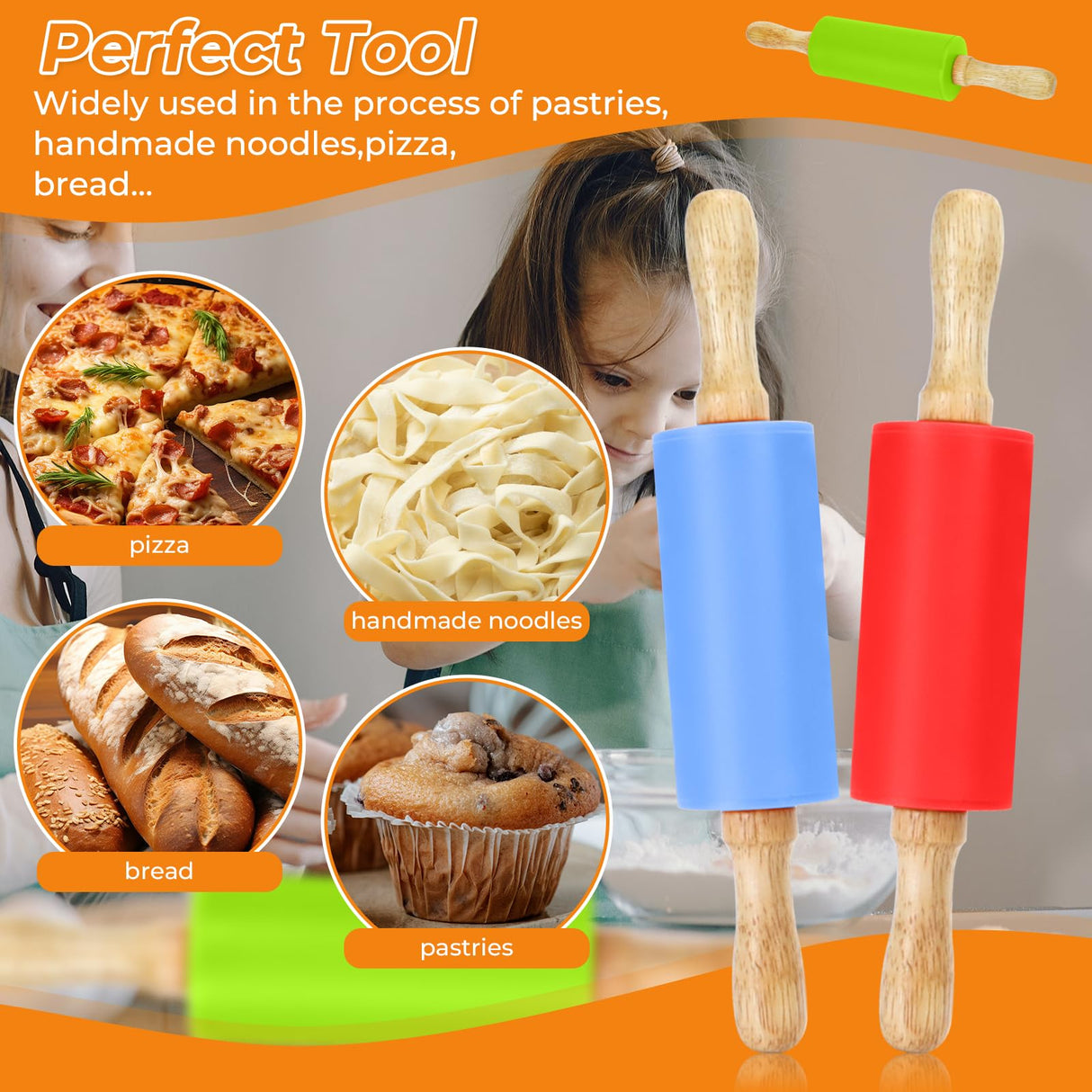 Faxco 4 Pack Mini Rolling Pin for Kids, 9 Inch Wooden Handle Rolling Pin Non-Stick Silicone Rolling Pins for Children Cake Baking Faxco