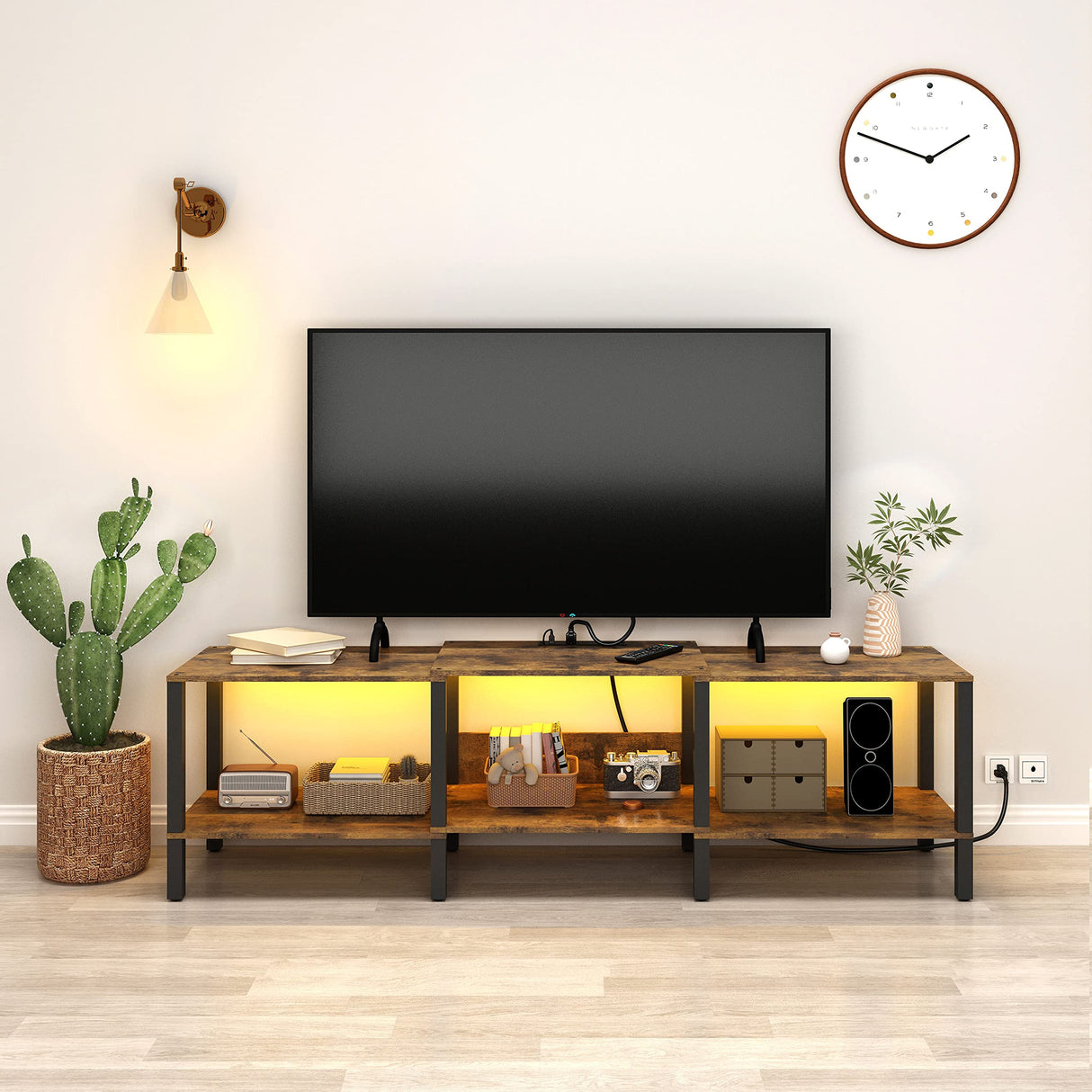 HHETOGOL Modern LED TV Stand with Power Outlet for Living Room+75 Inch Wood TV Media Console for 55/65/75 inch TVs,Industrial TV Stand,TV Stand Media Entertainment Center,Rustic Brown LTV06BE HHETOGOL