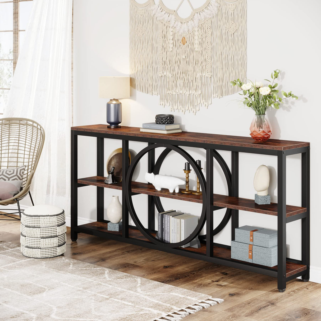 Tribesigns Extra Long Console Table, 70.9 inch Narrow Sofa Tables with 3 Tier Wood Storage Shelves Industrial Metal Frame for Entryway Hallway Living Room Behind Couch, Rustic Brown Black Tribesigns