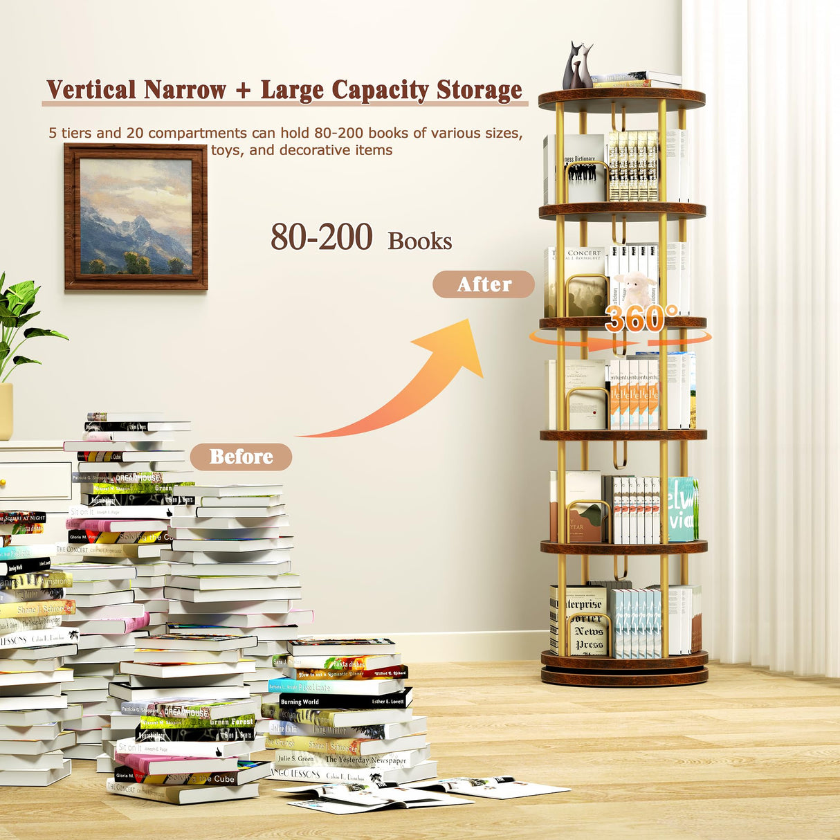 5-Tier Rotating Bookshelf, 360° Swivel Spinning Bookcase Tower - Stackable Narrow Corner Storage Organizer, Tall Floor Standing Display Shelf for Living Room, Bedroom, Office (Gold ) Generic