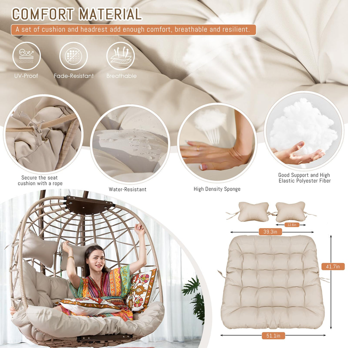 RADIATA Hanging Double Egg Chair with Stand, Oversized 2 Person Swing Egg Chairs Outdoor Indoor, 700Lbs Sturdy Loveseat Wicker Chair with Comfy Thick Cushion for Patio Backyard Balcony Porch, Beige RADIATA