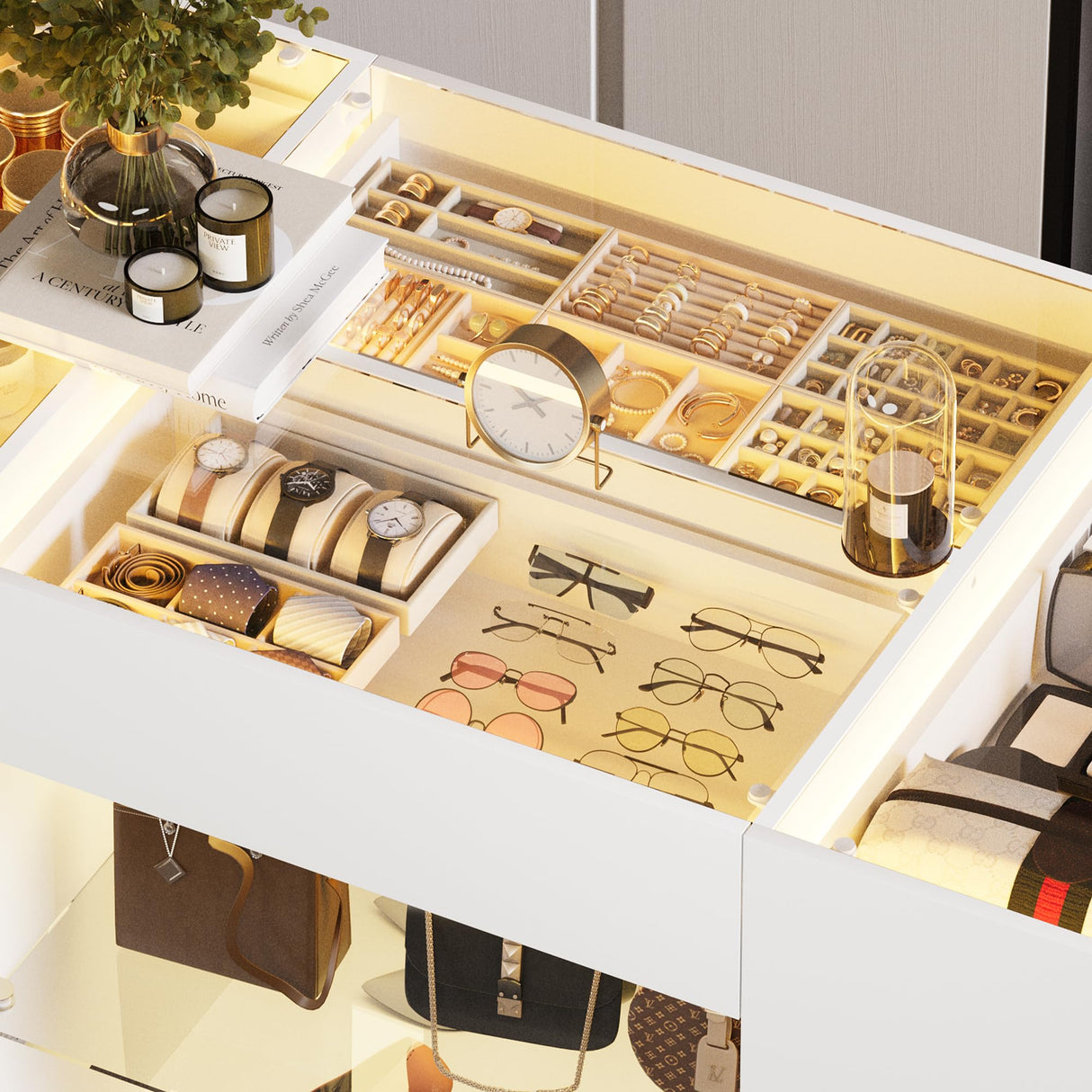 Kikihouse Modern Closet Island with 10 Drawers, LED Wardrobe Armoire Island with Glass Top, Luxury Walk-in Closet Island Storage Cabinet with Display Shelf for Cloakroom, Dressing Room (White) Kikihouse