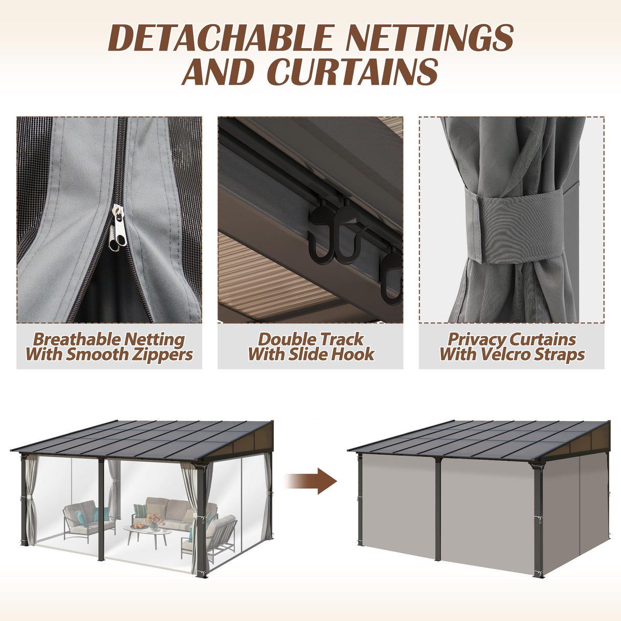 Raysfung 12x14FT Outdoor Wall-Mounted Hardtop Gazebo, Aluminum Frame Lean to Gazebo with Polycarbonate Roof and Curtains for Patio, Garden, Deck Raysfung