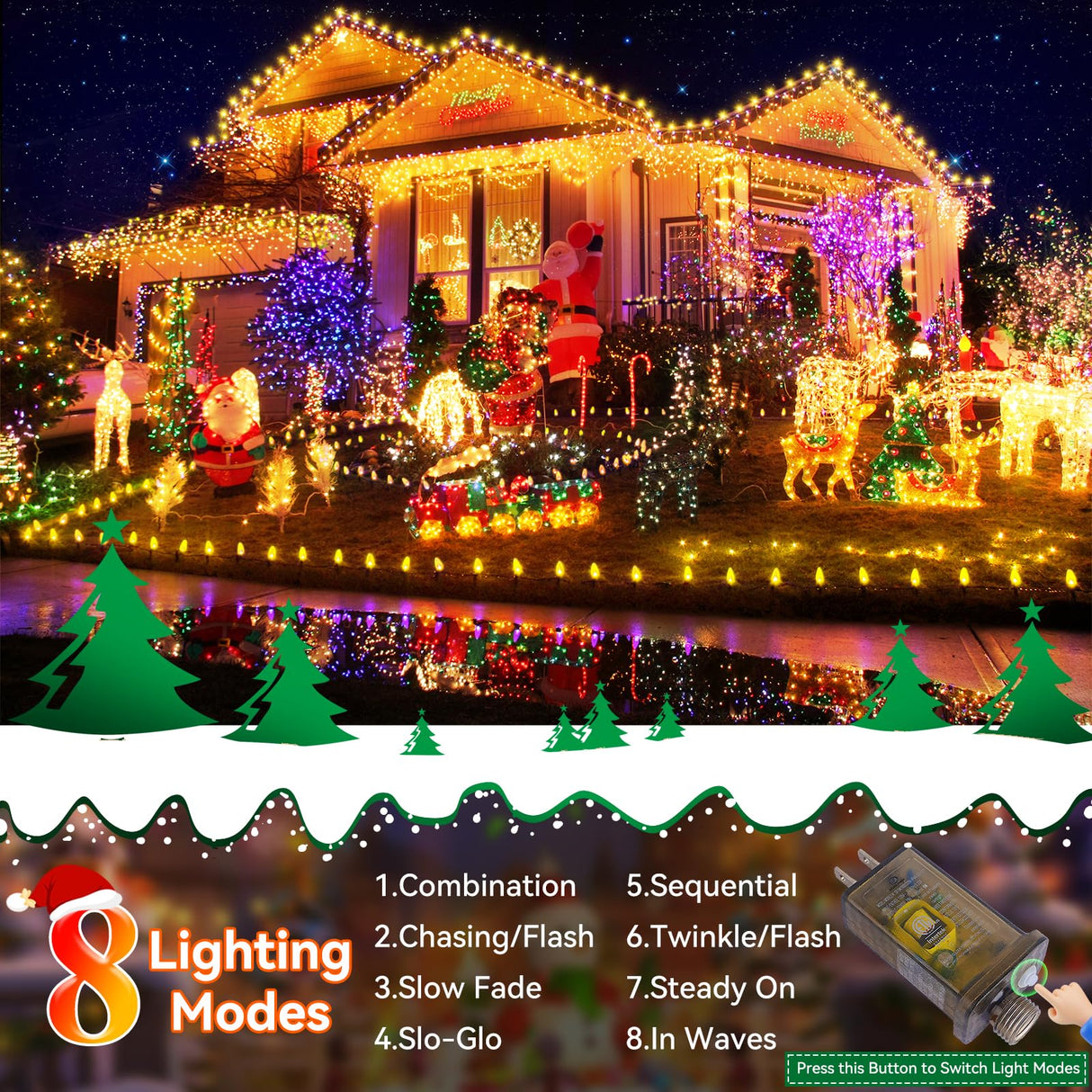 Heceltt Christmas Lights Outdoor, 394FT 1000LED Christmas Lights with 8 Modes and Timer Memory Function Christmas String Lights Waterproof Plug in for Xmas Tree Wedding Party Holiday Decor Heceltt