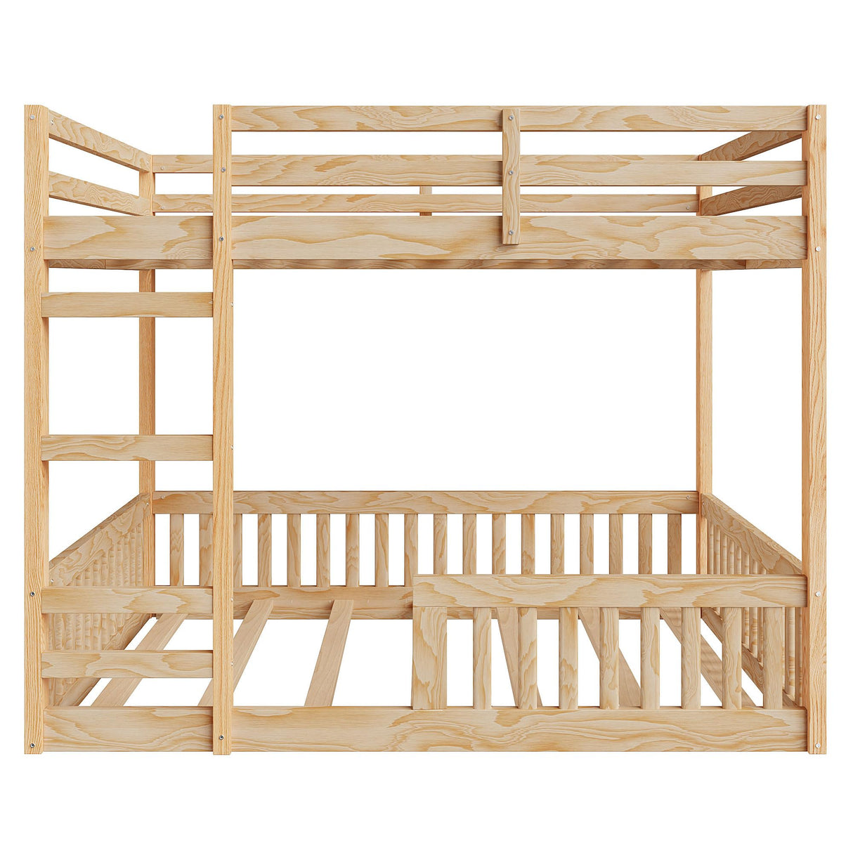 Full Over Full Bunk Bed with Ladders Wood Bunk Beds with Full-Length Guardrails Floor Bunk Bed Frame for Kids, Boys, Girls, No Spring Box Needed, Natural Bellemave