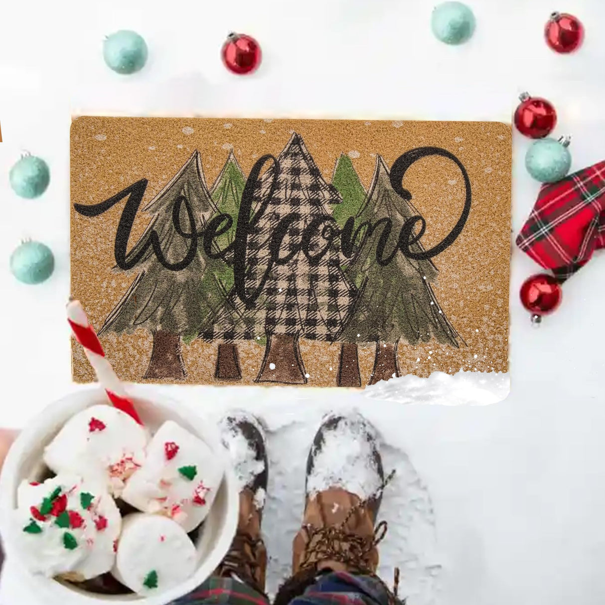 UTOWO Winter Xmas Welcome-Doormat Non-Slip Front-Door-Mats - Plaid Pine-Tree Snow Entrance Mat Porch Home Christmas Decor 17x29in UTOWO