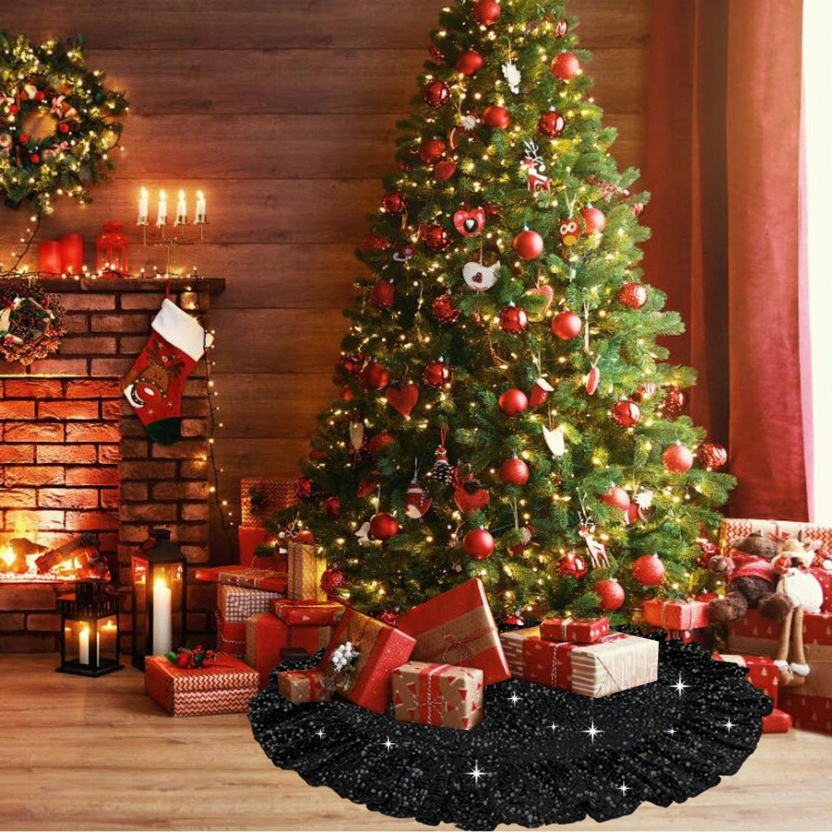 Glissora Black Christmas Tree Skirt 45 Inch Sequin Ruffle Tree Skirts Night Mare Before Christmas Tree Skirt for Halloween Tree Floor Mat Velvet Ruffled Tree Skiet for Pencil Tree Xmas Holiday Decor Glissora