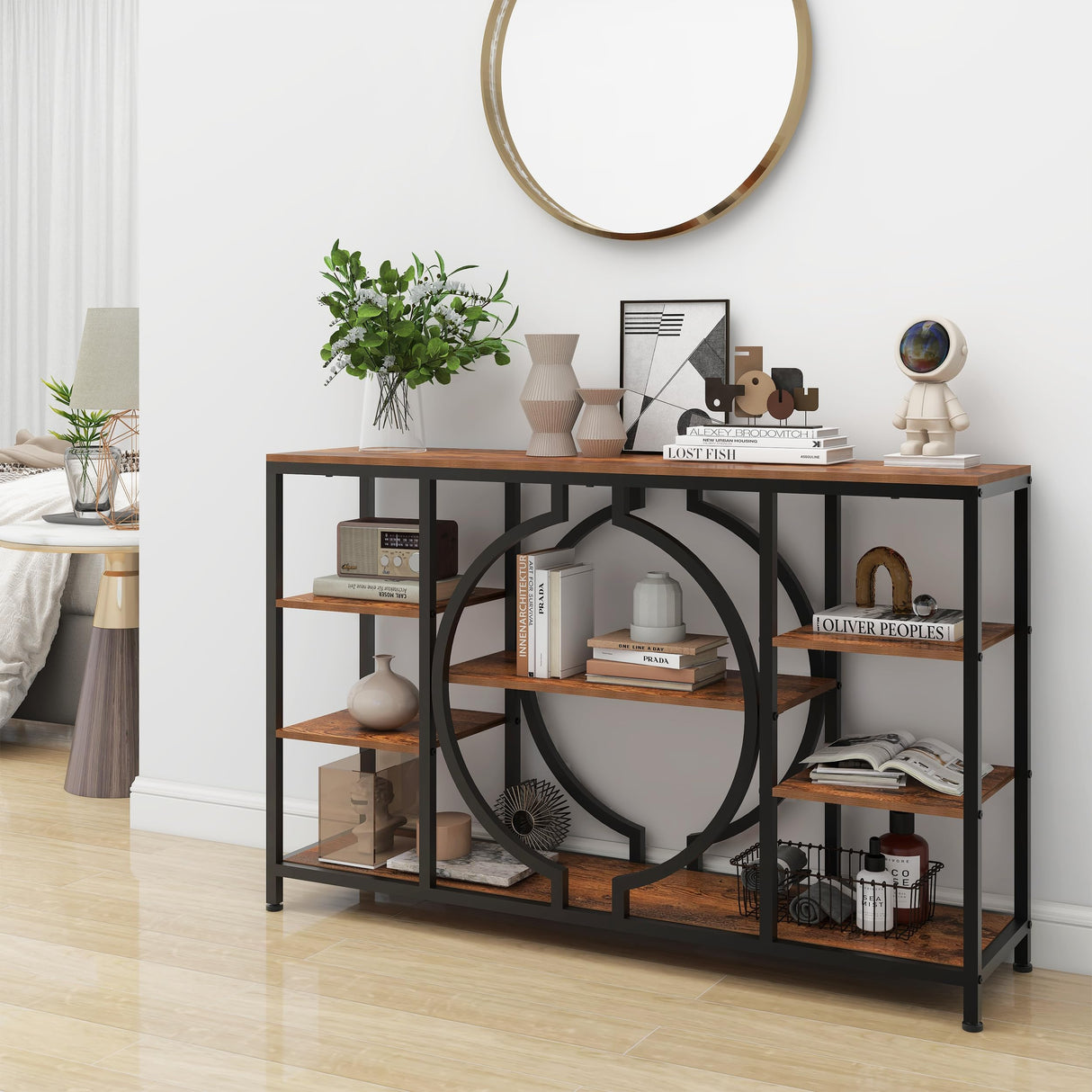 GiftGo 47" Industrial Console Tables for Entryway Rustic Sofa Table Behind Couch 4 Tier Wooden Shelves Entry Table with Storage for Foyer, Hallway, Front Door,Living Room (Rustic Brown, 47") GiftGo