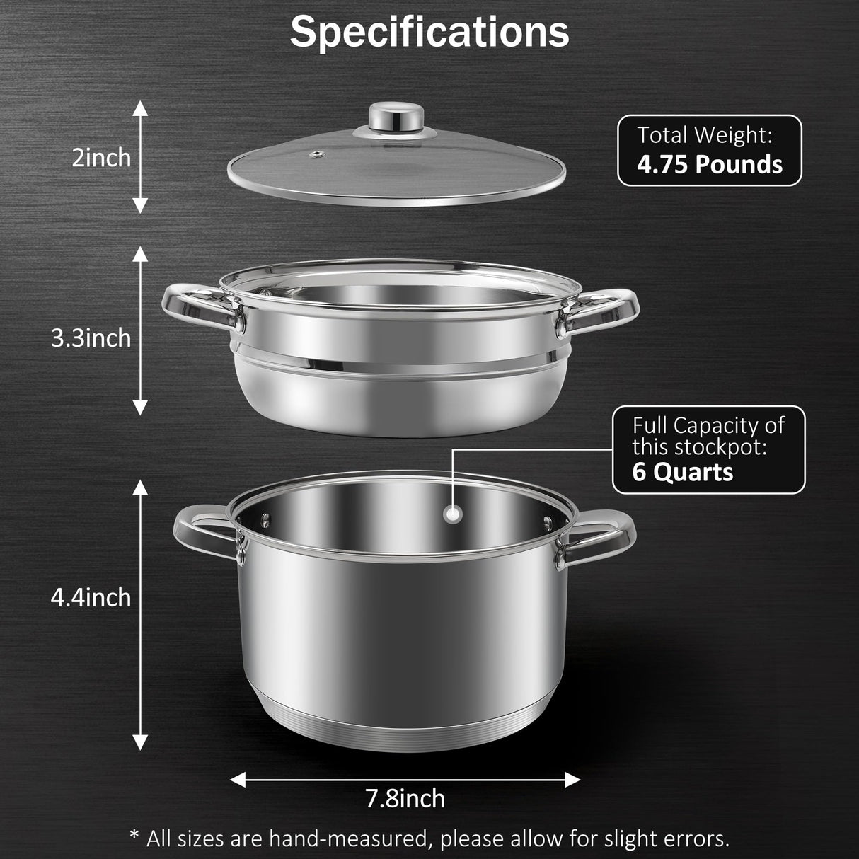 AuFranc® 4 Quart 18/10 Stainless Steel Tri-ply Stockpot and Steamer with Tempered Glass Lid, Multipurpose Steamer Pot Compatible with All Cooktops, Non-Toxic Soup Pot, Oven & Dishwasher Safe (Silver) Aufranc