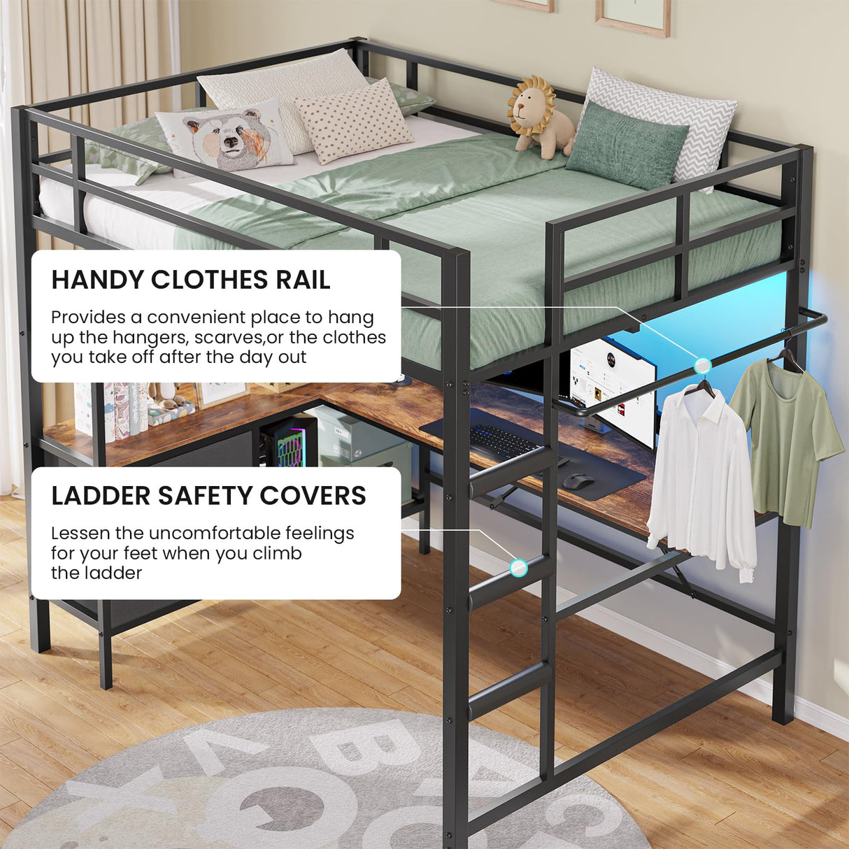 DICTAC Loft Bed Full Size with L-Shaped Desk and Charging Station Full Metal Bed Frame with LED Lights,Open Shelves and 3 Fabric Storage Drawers,Loft Beds with Top Bunk -Safety Guard & Stairs,Black DICTAC