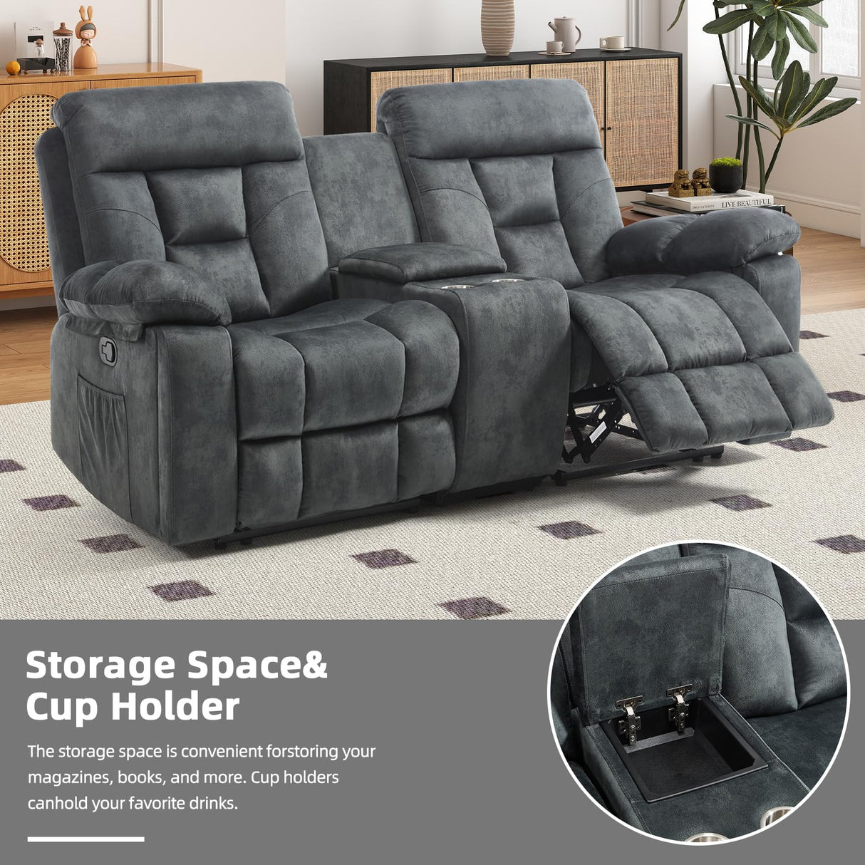 EBELLO Loveseat Recliner Sofa for Living Room, Extra Wide Modern Overstuffed 2 Seat Reclining Manual Sofa Chair, with Hidden Armrest Cup Holders, Breathable Fabric, Grey EBELLO