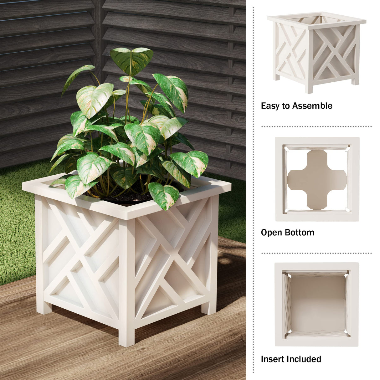 Lattice Design Planter Box - 14.75-Inch-Square Decorative Outdoor Flower or Plant Pot - Front Porch, Patio, and Garden Decor by Pure Garden (White) Pure Garden