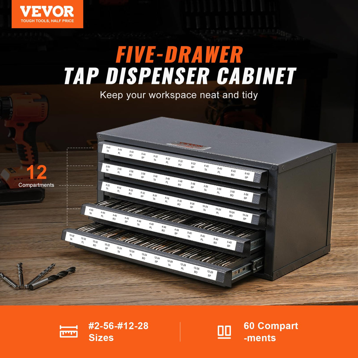 VEVOR Tap Dispenser Cabinet, Five-Drawer Tap Organizer Cabinet for #2-56-#12-28 Steel Tap Dispenser Organizer Cabinet with Labels, 60-Compartment Stackable Tap Cabinet for Tap Storage VEVOR