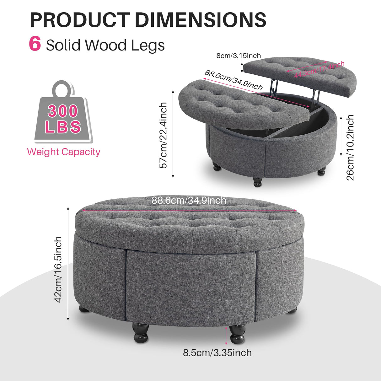 Redlife 35" Wide Round Ottoman with Storage, Storage Ottoman Coffee Table, Tufted Round Ottoman Coffee Table Linen Fabric Round Coffee Table Ottoman with Storage (Dark Grey) Redlifeᅟᅠ