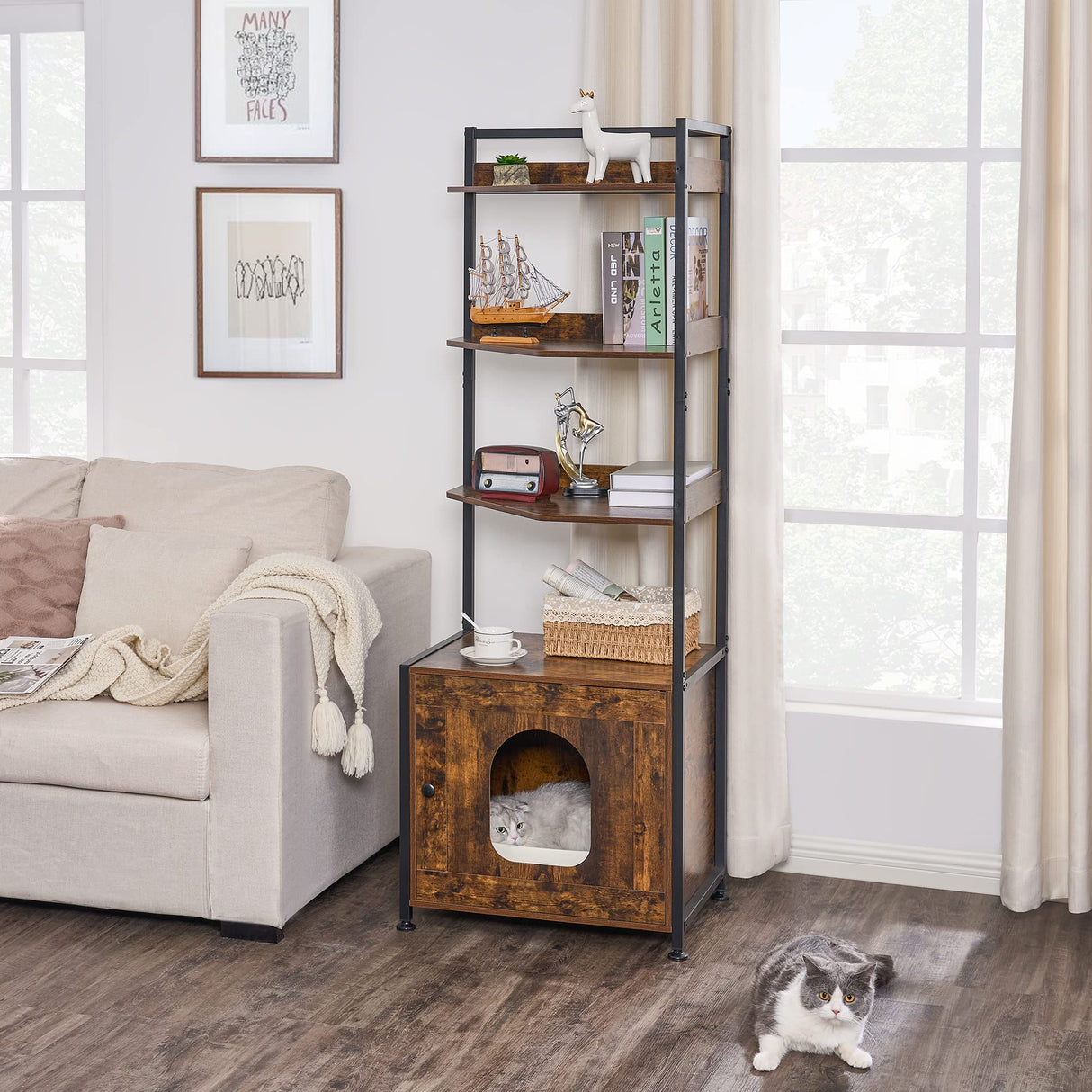 BEWISHOME Cat Litter Box Enclosure Furniture, Hidden Litter Box Furniture for Living Room, Large Cat Furniture with 4 Tier Shelves and Door, Rusitc Brown, CMW06Z BEWISHOME