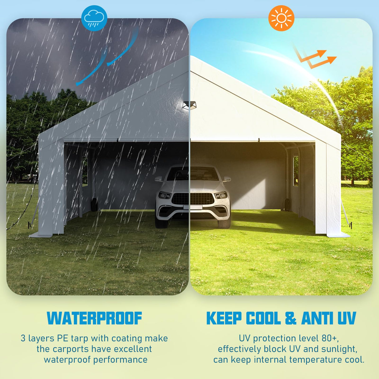 Benass Carports 20x20 Heavy Duty, Portable Garage 20x20 with 2 Roll Up Zipper Doors and Mesh Windows, Driveway Car Port Canopy, White Benass