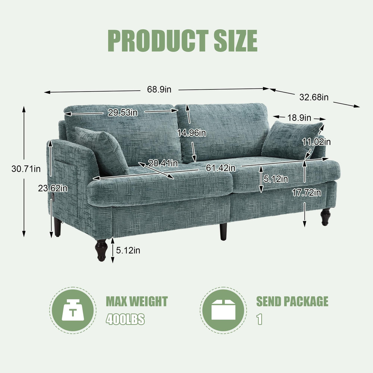 68" Oversized Chenille Sofa with LED Light, Deep Seat Loveseat with Storage, Modern Comfty Couch with USB Charging Port for Living Room, Bedroom, Apartment, Lake Blue PAXIPEX