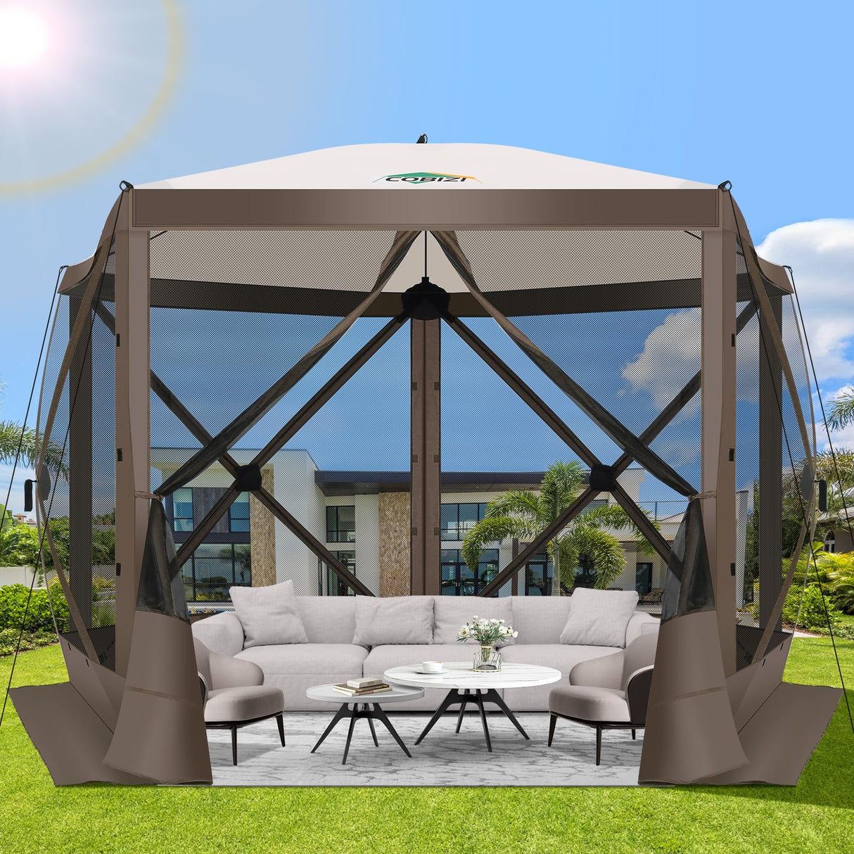 COBIZI Pop Up Gazebo Screen Tent Screen House for Camping, 10FTx10FT Screen Room with Mosquito Netting, Hub Tent Instant Screened Canopy with Carrying Bag and Ground Stakes, Brown COBIZI