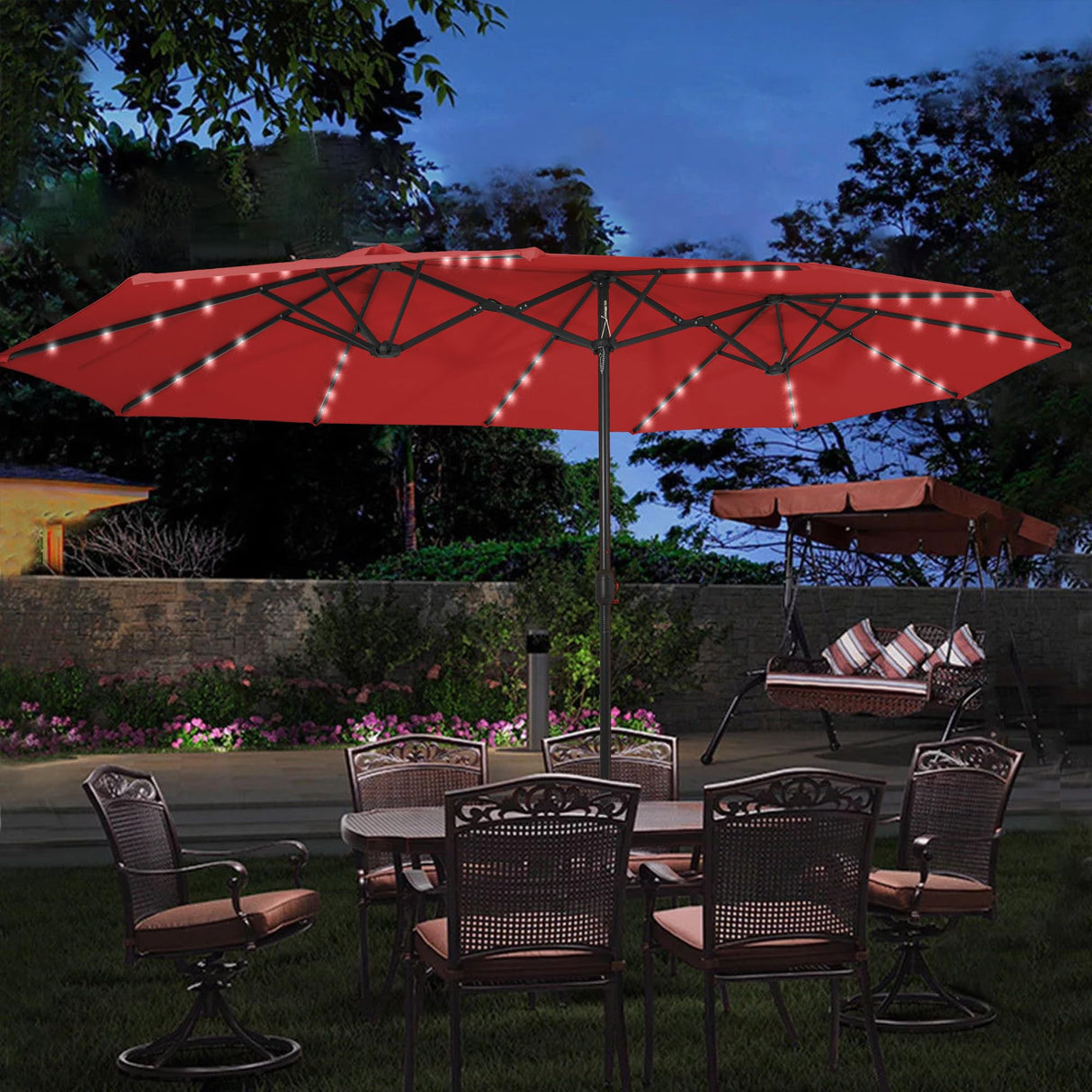 Sundale Outdoor 40LED 15ft Large Patio Umbrellas with Base Included and Umbrella Cover, Outdoor Double-Sided Umbrella with Solar Lights Red Sundale Outdoor