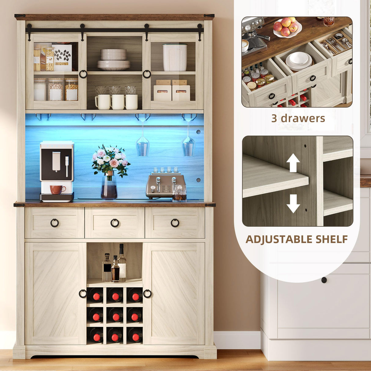 DWVO 72" Farmhouse Bar Cabinet with LED Lights & USB Charging, Wine Glass Holder & 9-Bottle Rack, Coffee Bar Sideboard with Sliding Doors, Off White+Walnut Grain DWVO