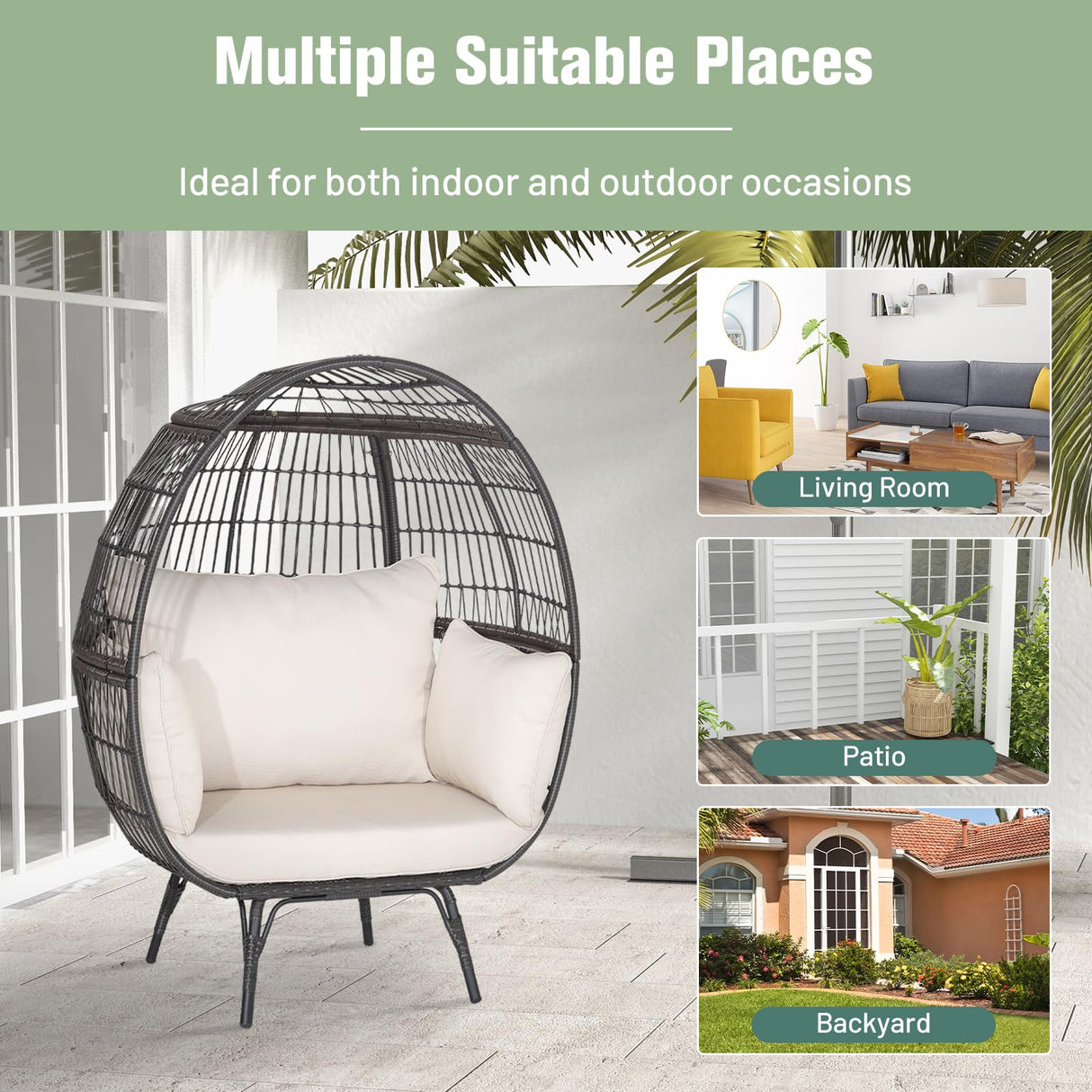 Tangkula Oversized Wicker Egg Chair, Stationary Patio Lounge Basket w/ 4 Soft Cushions, Stable Metal Frame, Gorgeous Indoor Outdoor Lounge Chair, Ideal for Living Room, Backyard, 450 LBS Max Load Tangkula