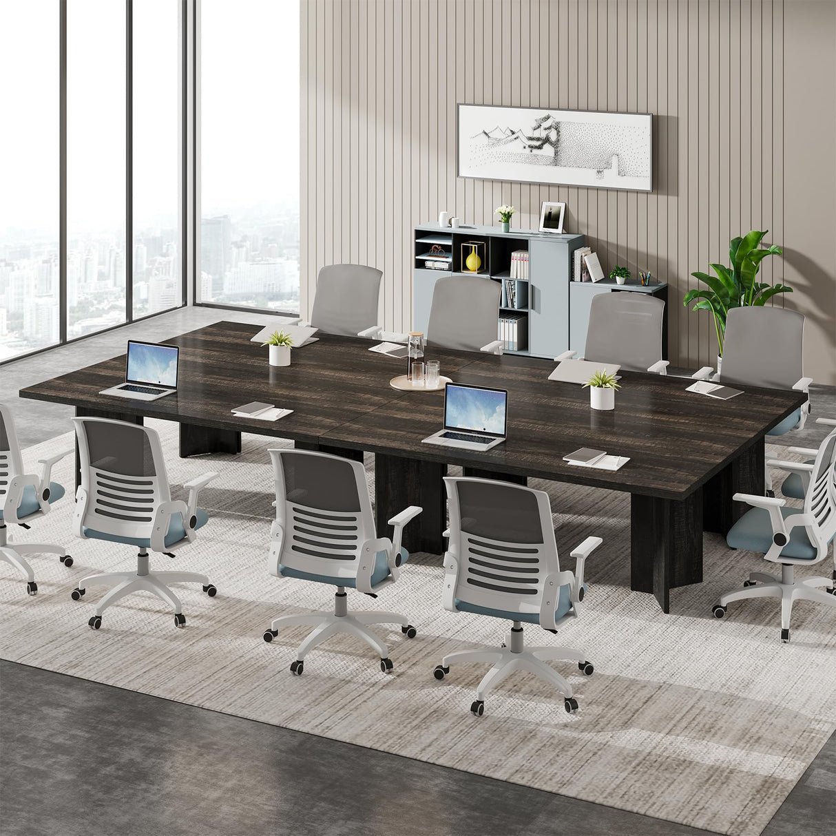 Tribesigns 5.5FT Conference Table, 63-inch Rectangle Meeting Seminar Table, Large Wooden Business Tables for 4-6 People, Heavy Duty Pedestal (Dark Gray) Tribesigns