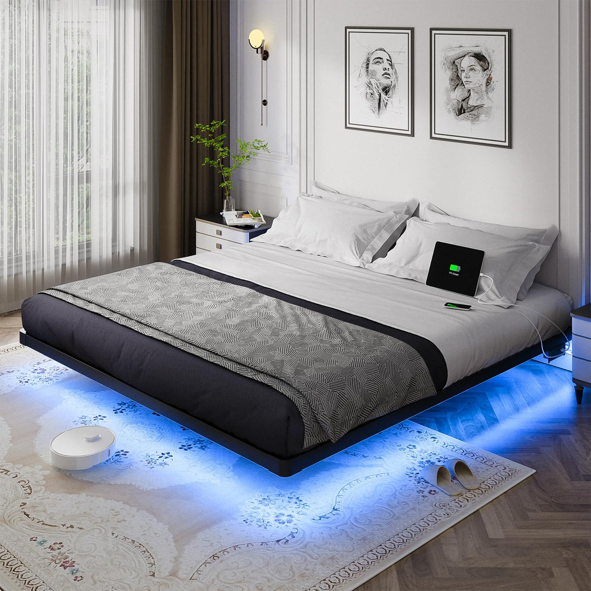 OLEVS King Size Floating Bed Frame, Metal Platform, with LED Light and Charging Station, No Box Spring Needed, Noise-Free, Easy Assembly OLEVS