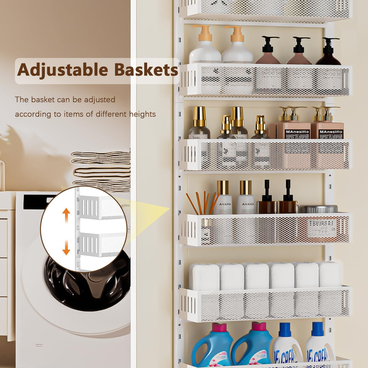 DAOTENGQL 6-Tier Over The Door Pantry Organizer with Mesh Baskets, Adjustable & Stable Hanging Spice Rack for Kitchen, Bathroom, Bedroom, and Baby Essentials Storage (16" W 6-Tiers, White) DAOTENGQL
