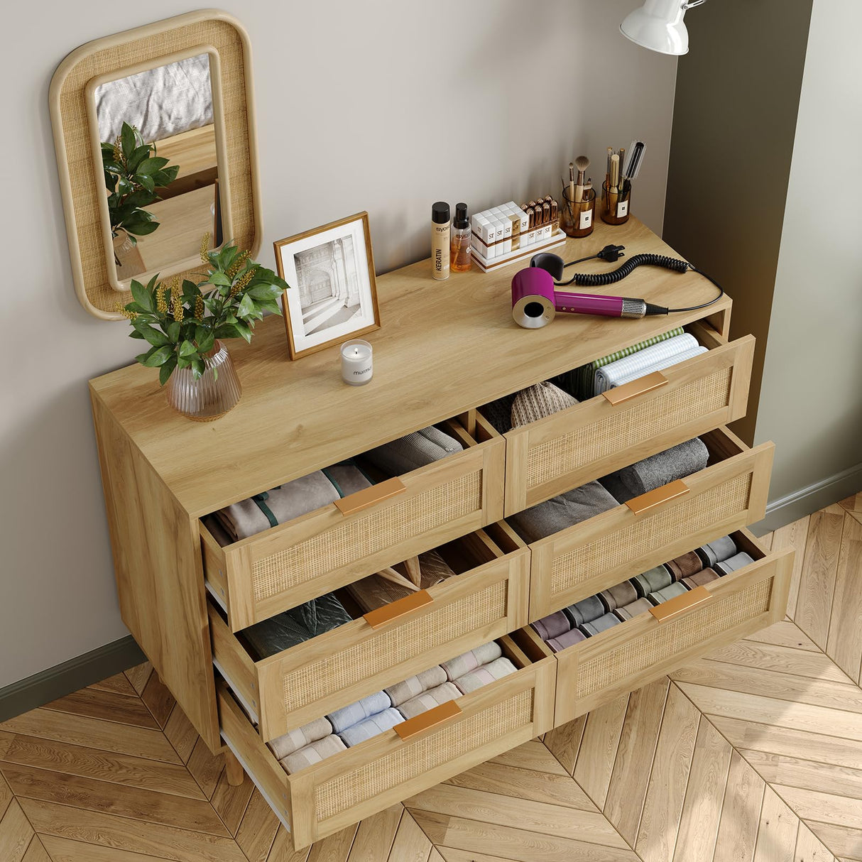 Furniouse 6 Drawer Rattan Dresser for Bedroom Wood Boho Dressers with Solid-Wood Legs & Natural Real Rattan Drawer, Modern Chest of Drawers Beside Table for Bedroom, Living Room Furniouse