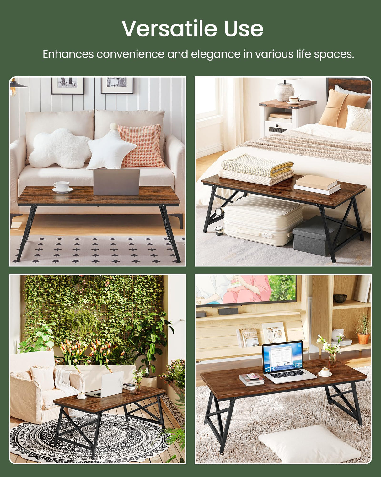 CHOEZON 41.3" Folding Coffee Table with Safety Buckles, Low Coffee Table, Portable Floor Table, for Sitting on The Floor, for Living Room, Bedroom, Balcony, Caravan, Rustic Brown and Black TKF01BF