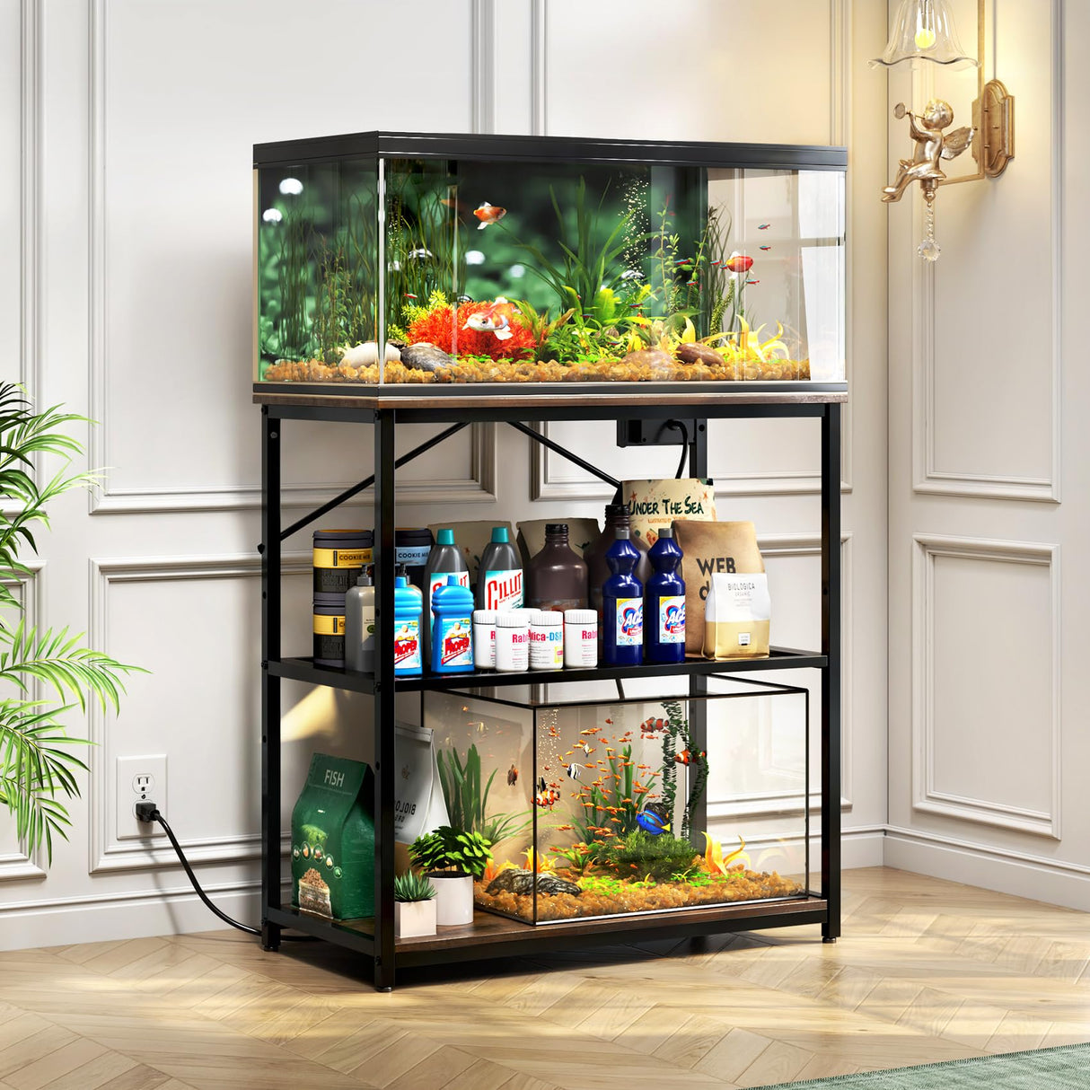 TC-HOMENY Fish Tank Stand 10-30 Gallon, Aquarium Stand with Charging Station,1000LB Capacity ,31" L x 16" W Metal Reptile Tank Stand, Double Storage Design Adjustable Boards, Brown(Tank not Included) TC-HOMENY