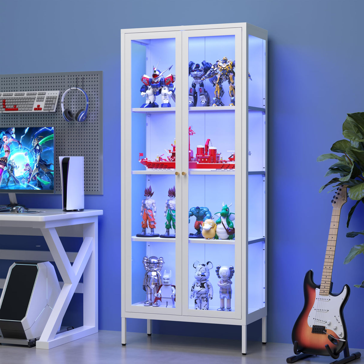 SteeLoong Glass Display Cabinet with 3 Lights,66”Metal White Display Cabinet with Glass Doors and 3 Adjustable Shelves,Curio Display Case for Livingroom SteeLoong