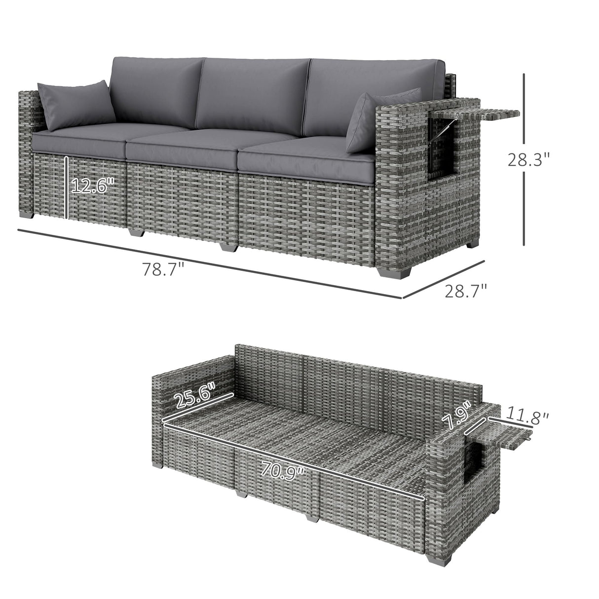 Outsunny 3 Seater Wicker Sofa with Side Tray Tables, Rattan Outdoor Patio Sofa with 6" Thick Back Cushions, Outdoor Wicker Couch with Deep Seating, Pillows for Porch, Garden, Backyard, Mixed Gray Outsunny