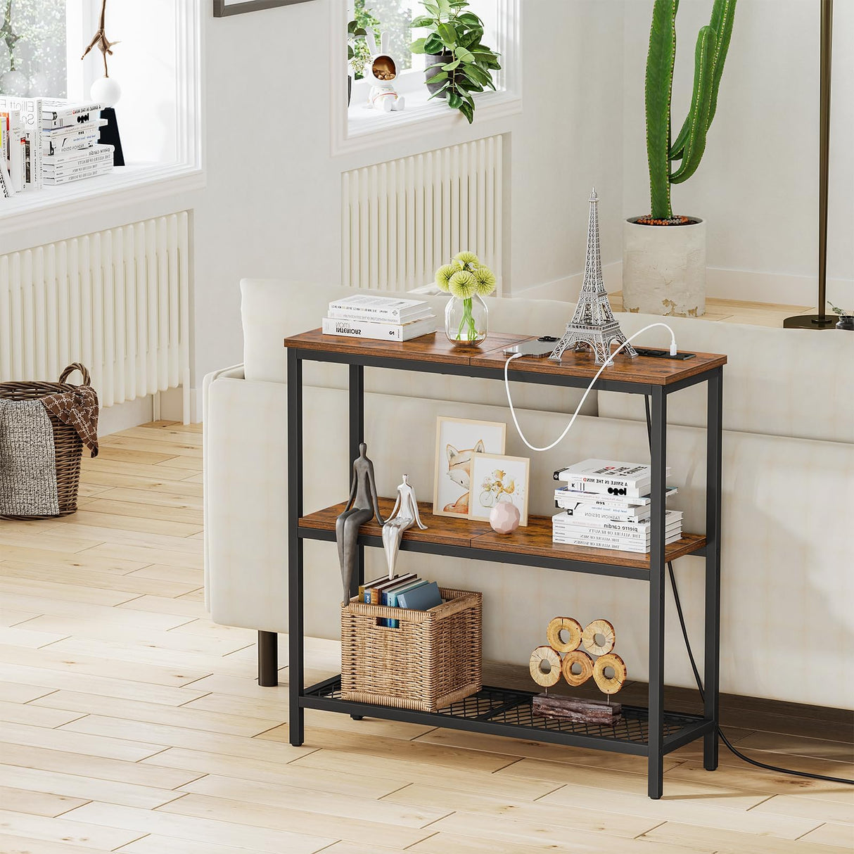 Snughome Console Table with Power Outlets, Entryway Table with Storage, Narrow Sofa Table with 3 Tier Shelves, Couch Table with USB Ports, Hallway Table for Living Room, Entrance Snughome