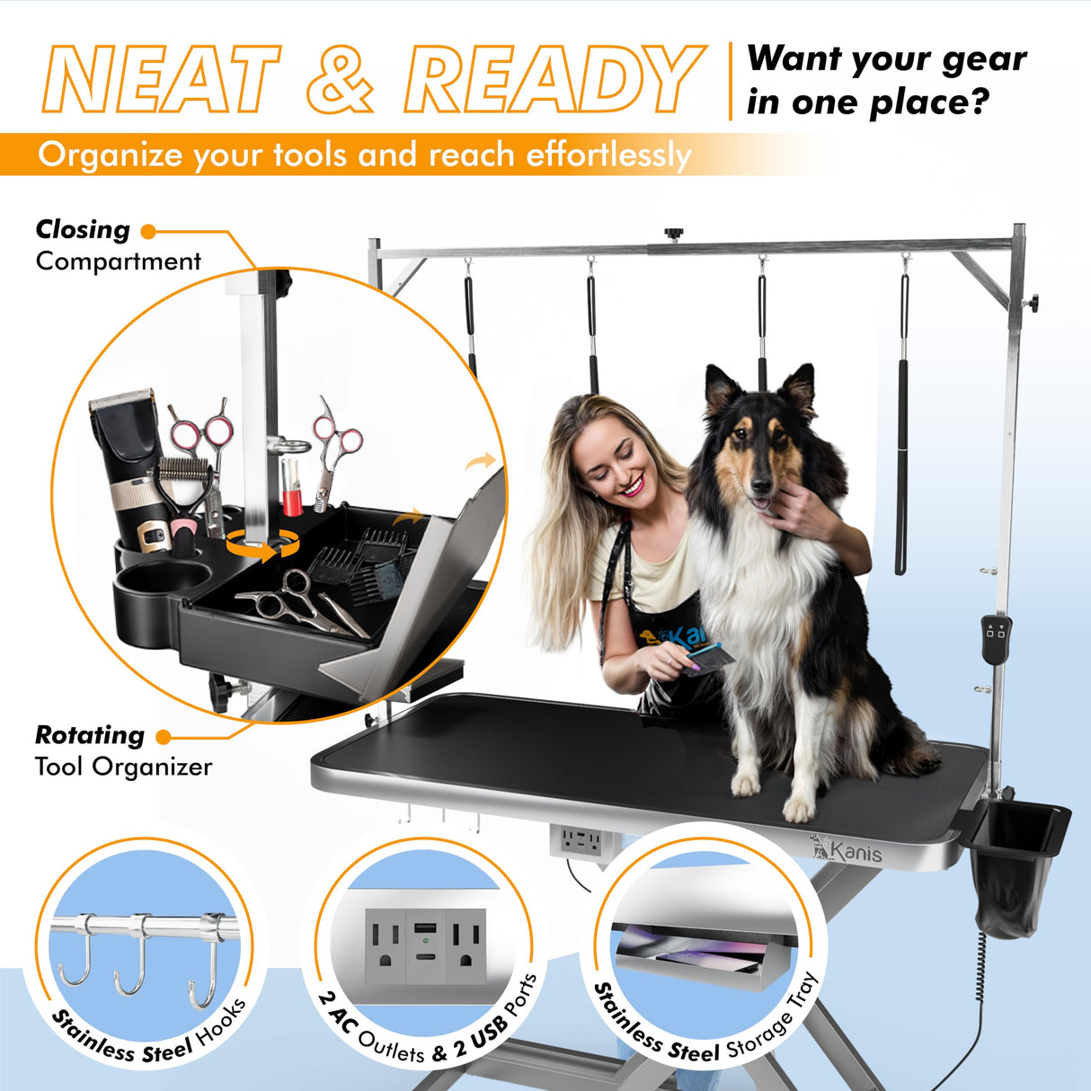 KANIS Professional Electric Dog Grooming Table - Heavy Duty, Height Adjustable Pet Grooming Table w/Leveling Wheels, Grooming Arm, Anti Slip Tabletop & Tool Organizer/Dog Grooming Station (49", Grey) KANIS