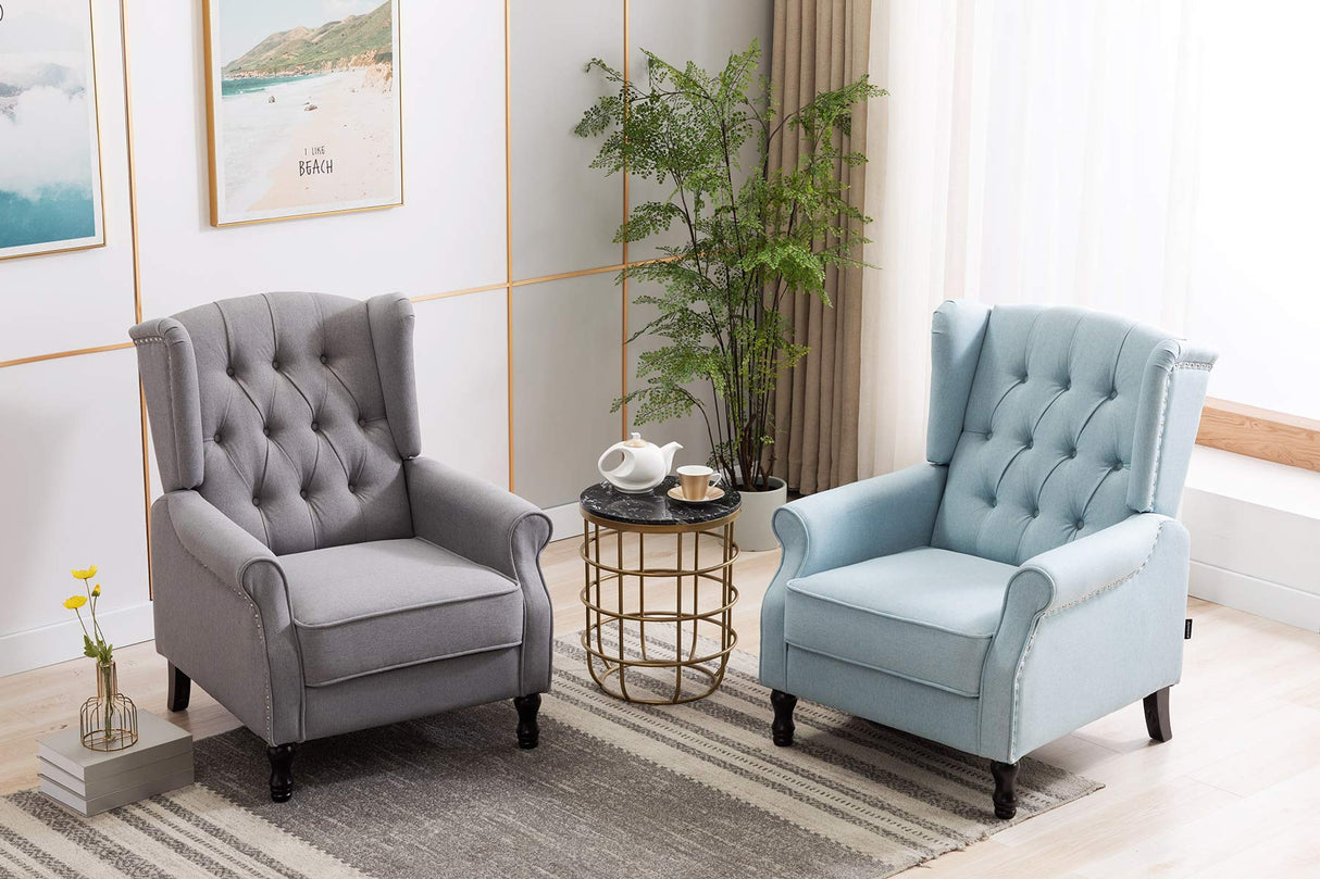 Artechworks Winged Fabric Modern Accent Chair Tufted Arm Club Chair Linen Single Sofa with Wooden Legs Comfy Upholstered for Reading Living Room Bedroom Office,Light Blue Artechworks