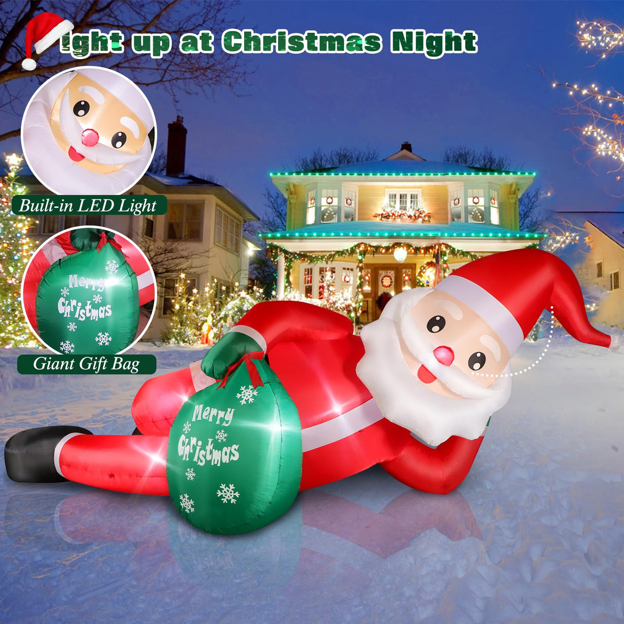 12 FT Giant Christmas Inflatables Santa Claus Outdoor Decorations, Huge Blow up Lying Santa Claus with Gift Bag Yard Decor, Built-in Brilliant LED Lights for Yard Lawn Garden Holiday Party FunFanso