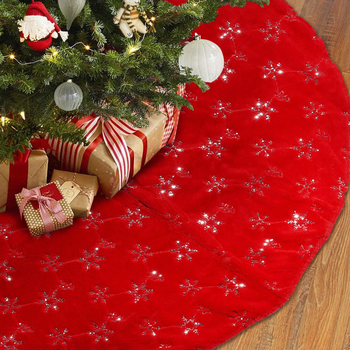 TOBEHIGHER Christmas Tree Skirt - 48 Inches Large Red Tree Skirt with High - End Soft Faux Fur Tree Skirt for Christmas Decorations Indoor Outdoor - Red TOBEHIGHER